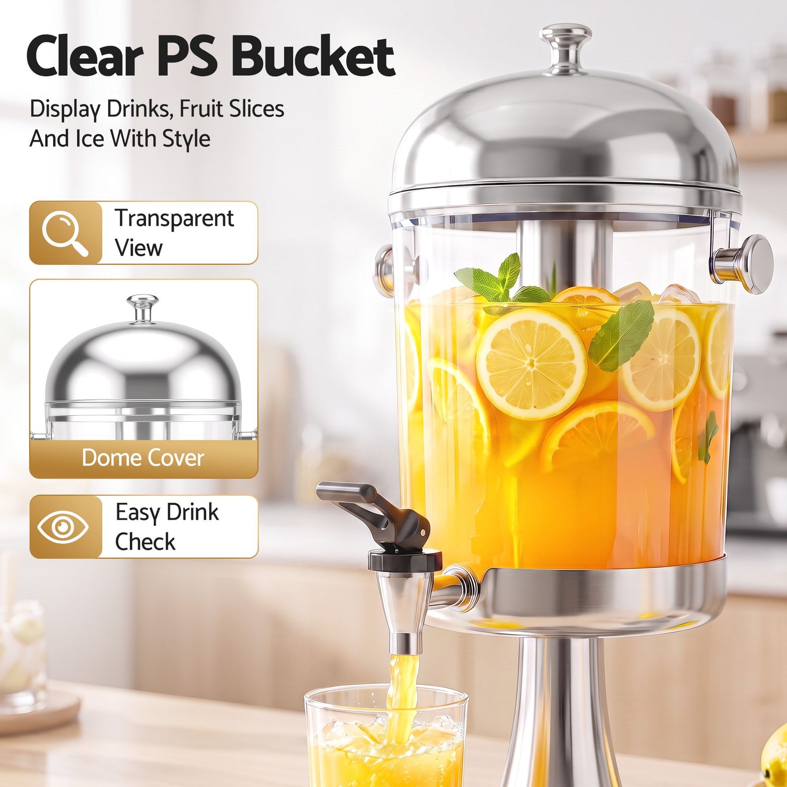 5-Star Chef 8L Beverage Juice Dispenser Tap Ice Tube Single Drip Tray