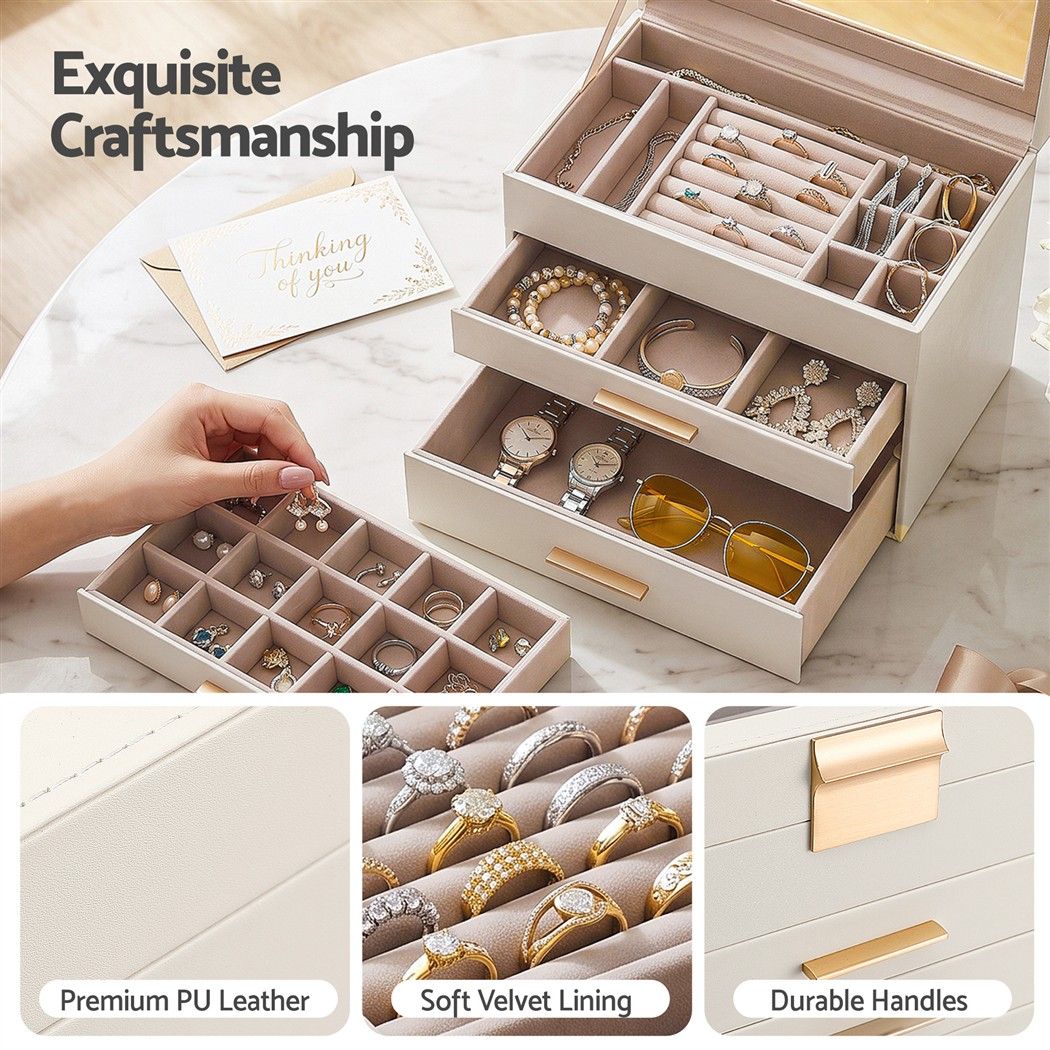 Embellir Jewellery Box 4 Layer Organiser Storage Case Glass Lid Drawers White