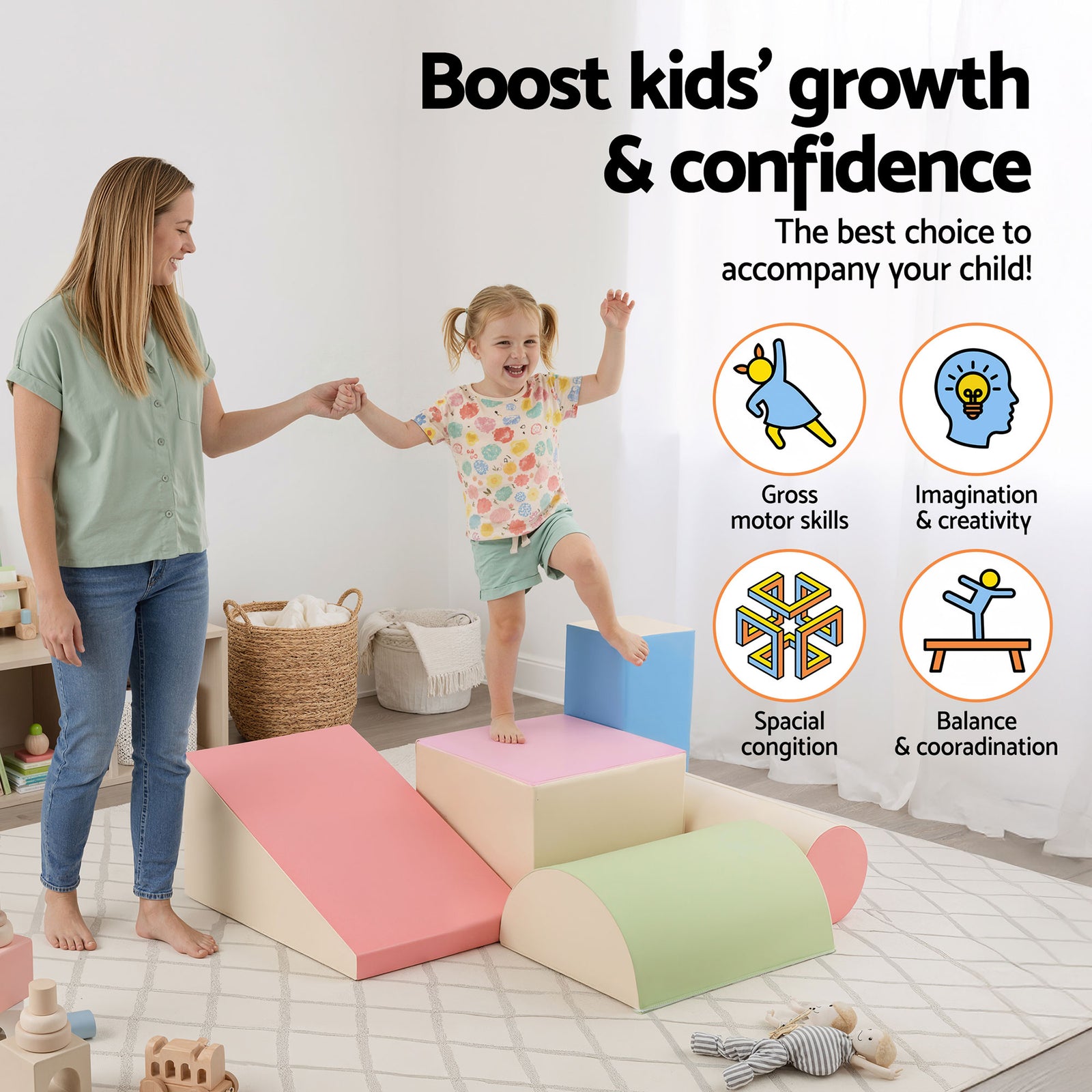 Keezi Kids Climbing Blocks 5-Piece Foam Toddler Playset Soft Indoor Climbing Toy Rocker