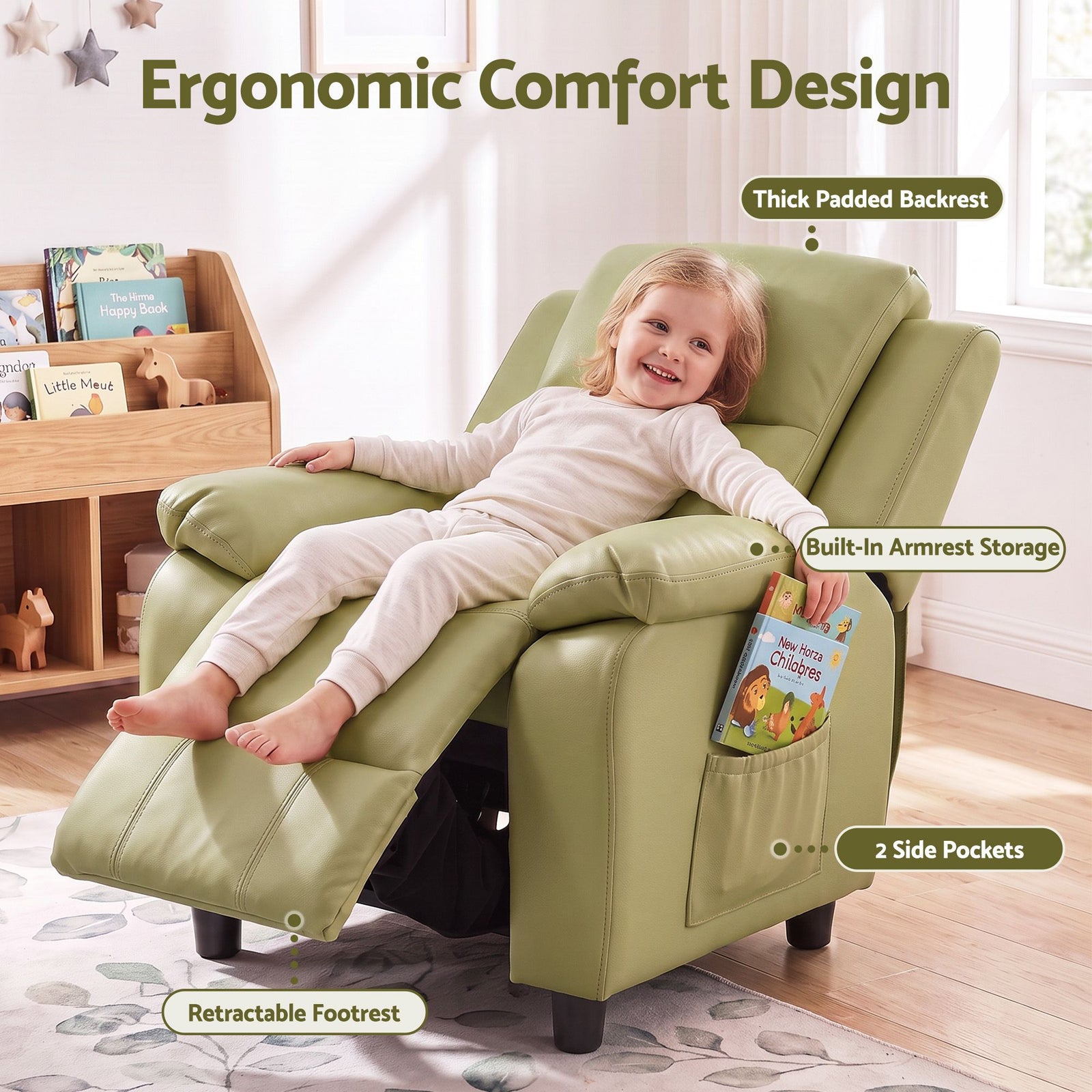 Keezi Kids Recliner Chair PU Leather Toddler Lounge Adjustable Backrest w/ Armrest Storage & 2 Side Pockets Green