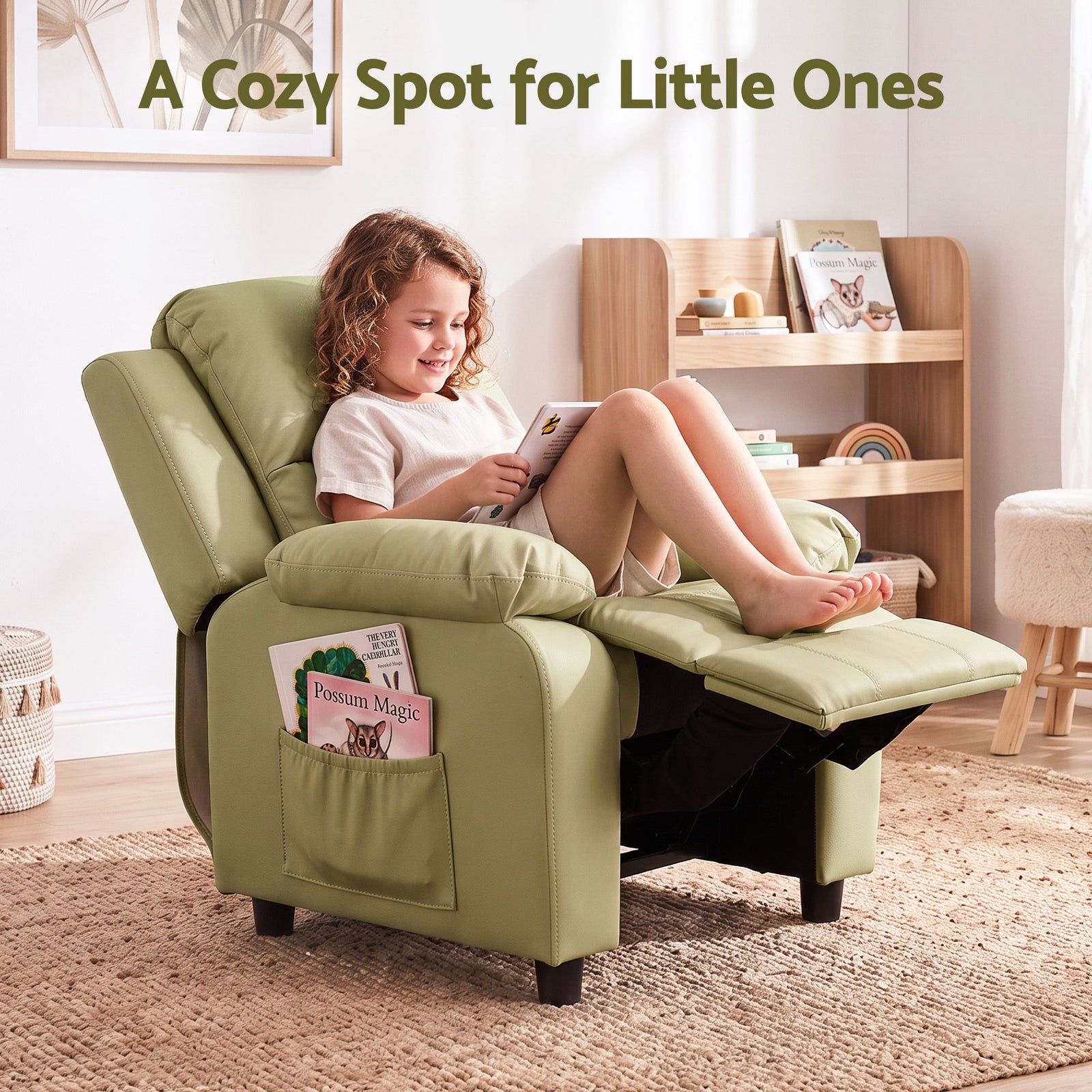 Keezi Kids Recliner Chair PU Leather Toddler Lounge Adjustable Backrest w/ Armrest Storage & 2 Side Pockets Green