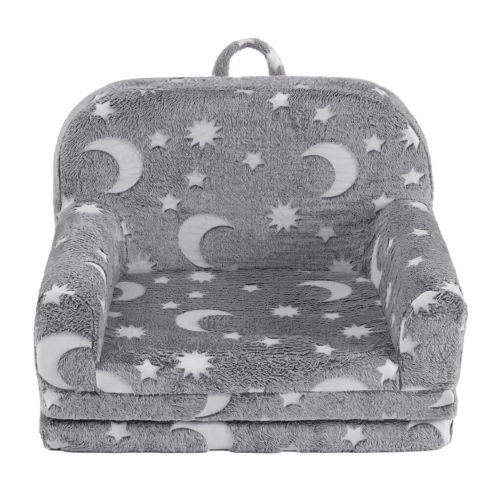 Keezi Kids 2-in-1 Fold Out Sofa Bed with Removable Washable Cover, Carry Handle, Storage Pocket, Glow in the Dark, Grey