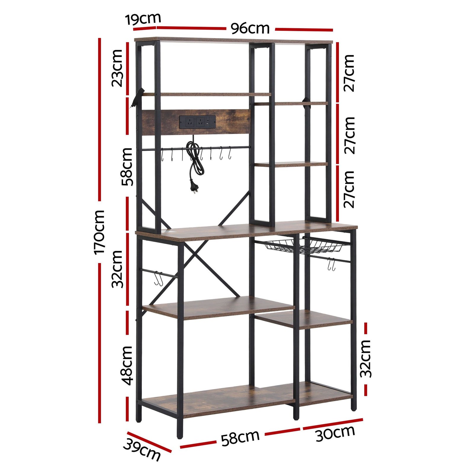 Artiss Kitchen Rack with Power Outlets Hooks 96CMX170CM Microwave Storage Shelf