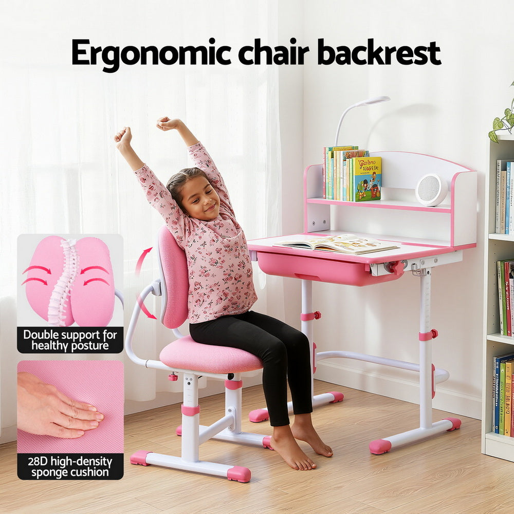 Keezi Kids Study Desk Chair Set Adjustable Ergonomic Table LED Lamp Pink