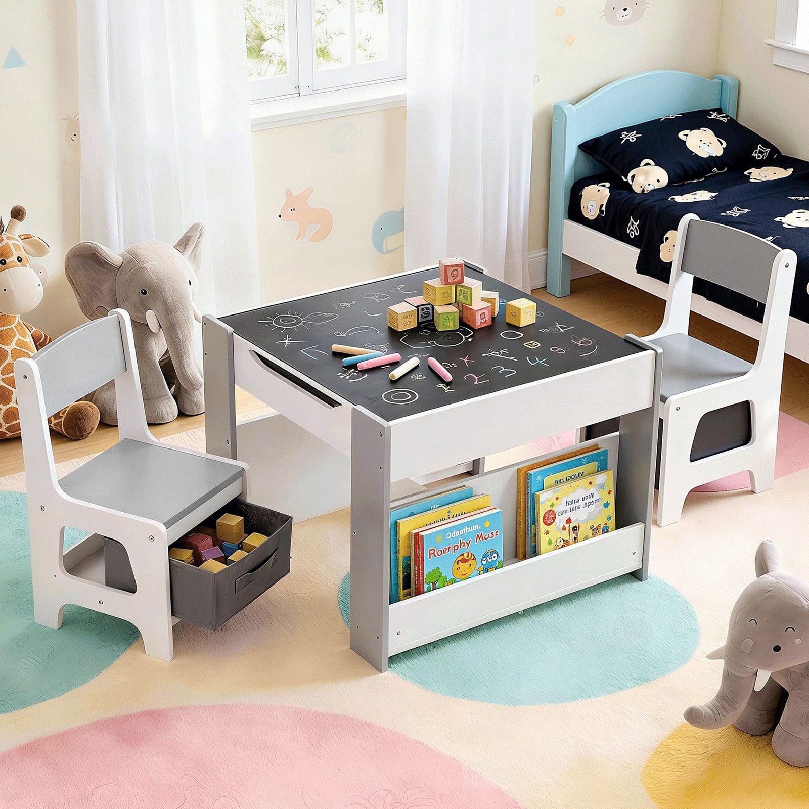 Keezi Kids Table and Chair Set, 4 in 1 Wooden Activity Table with Bookcase, Storage Box and Detachable Blackboard, Toddler Table and 2 Chairs Set, Grey