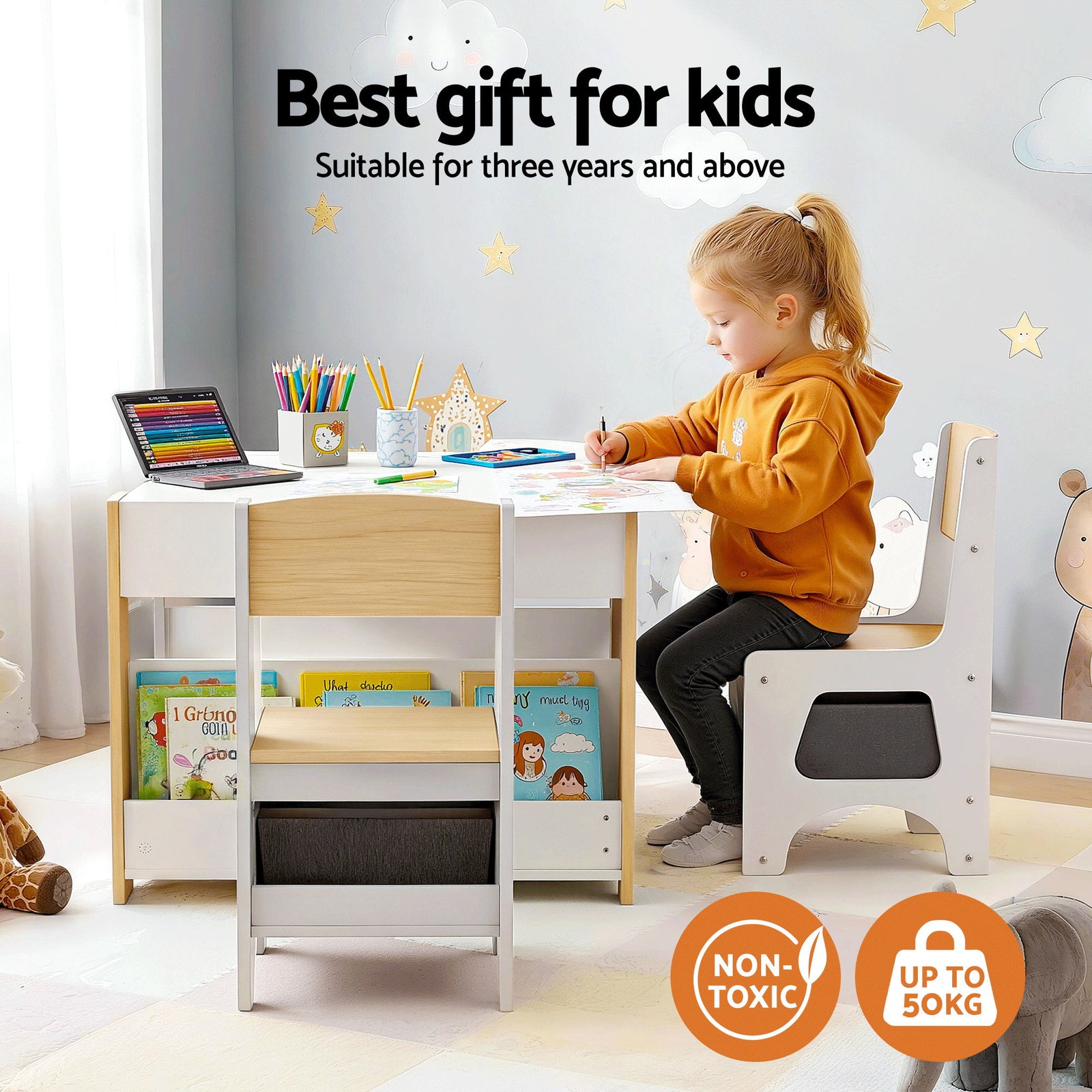 Keezi Kids Table and Chair Set, 4 in 1 Wooden Activity Table with Bookcase, Storage Box and Detachable Blackboard, Toddler Table and 2 Chairs Set, Natural