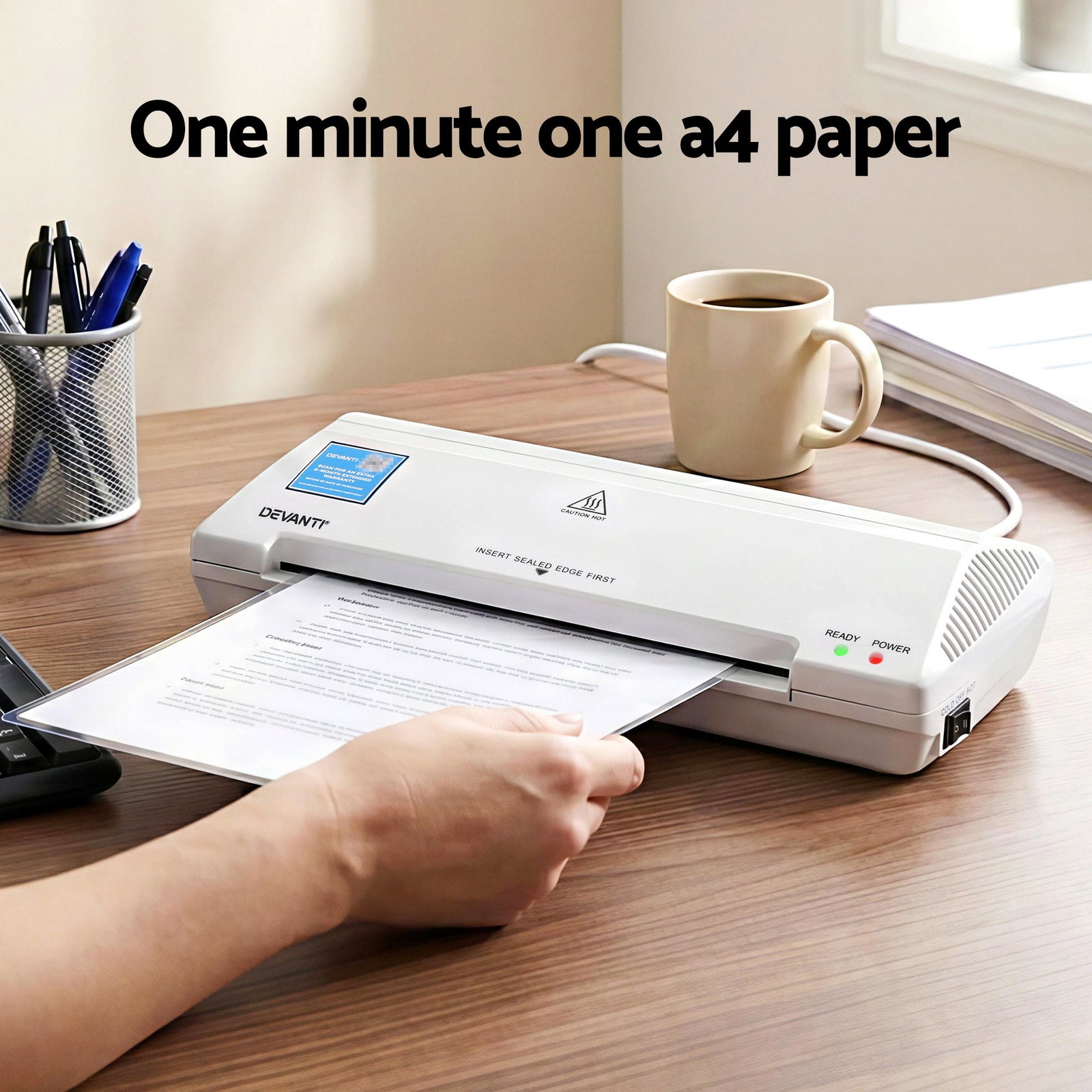 Devanti A4 Laminator Machine, Hot & Cold Thermal Fast Lamination Anti-Jam Laminator for Office School Home Document Photo Card Handmade A4 A5 A6, White