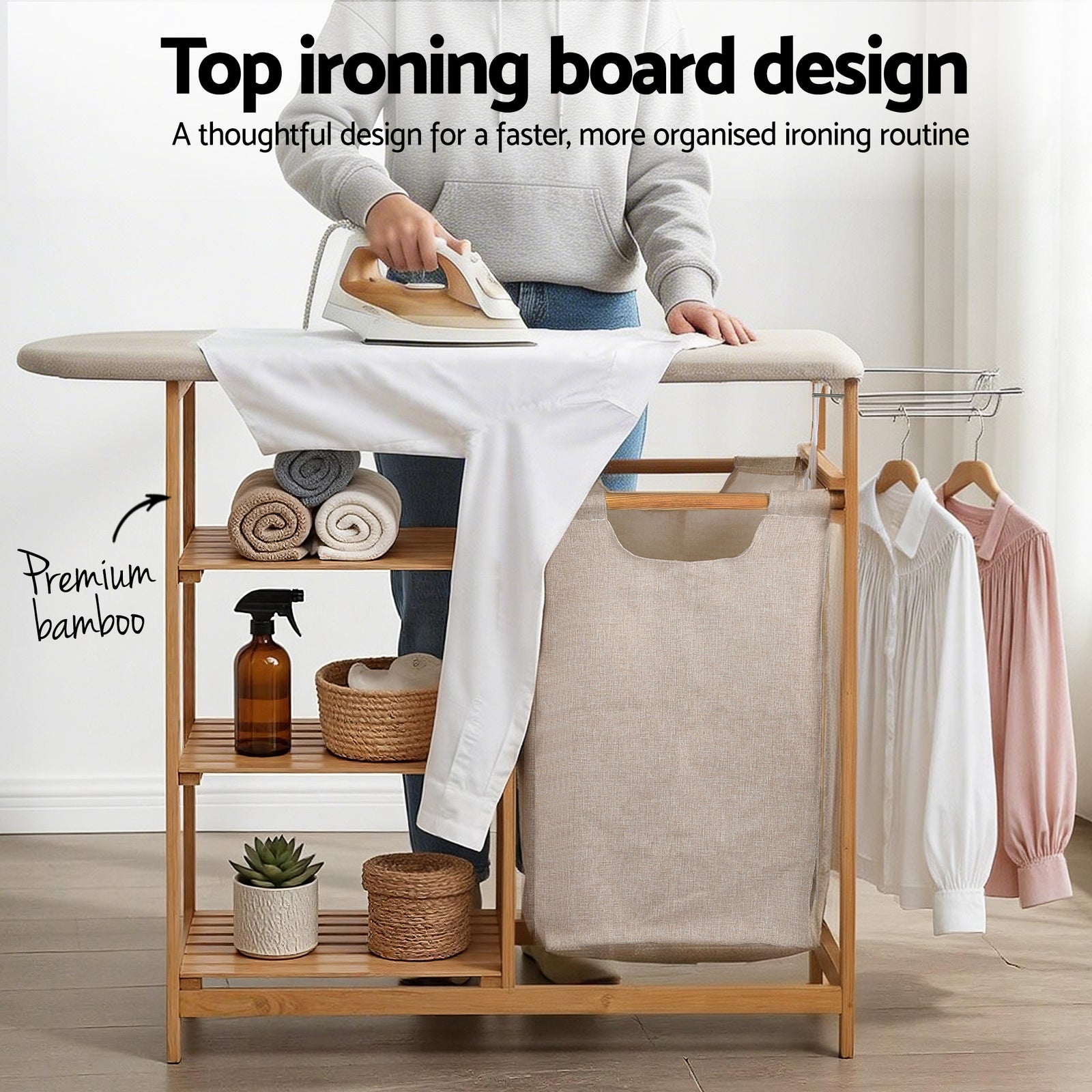 Artiss Laundry Basket Hamper with Ironing Board Bamboo