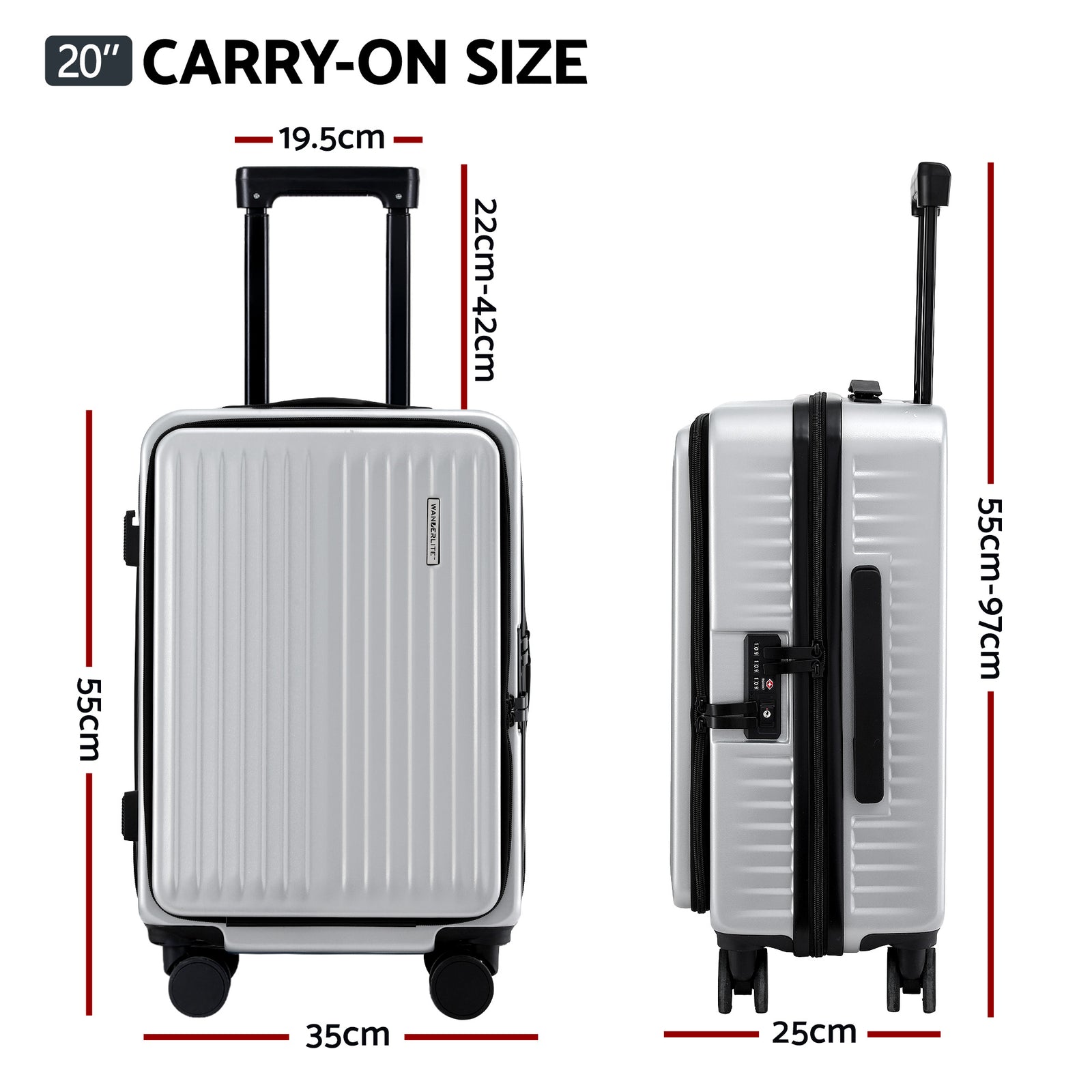 Wanderlite 20" Luggage Suitcase Front Pocket Travel Carry On Dual TSA Silver