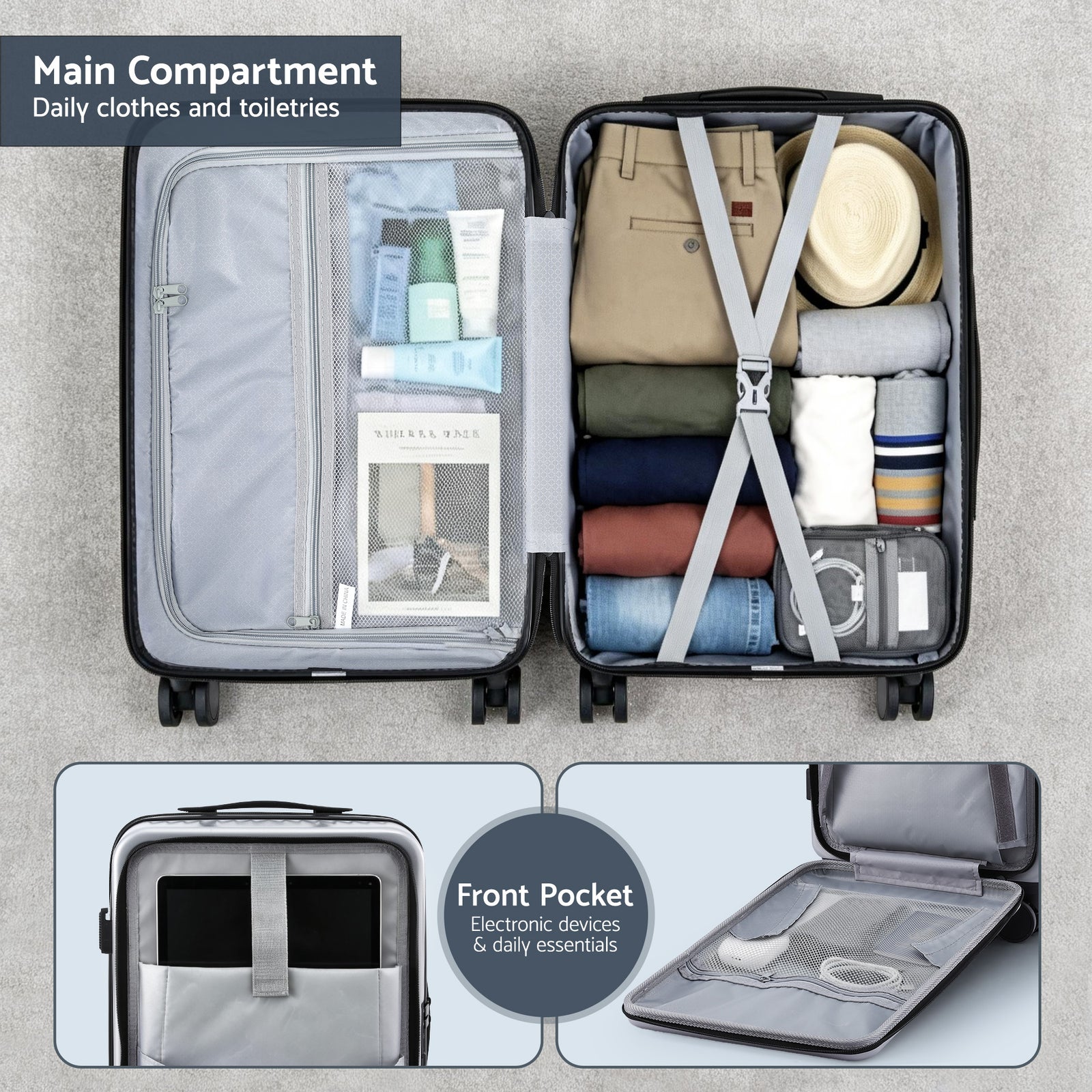 Wanderlite 20" Luggage Suitcase Front Pocket Travel Carry On Dual TSA Silver