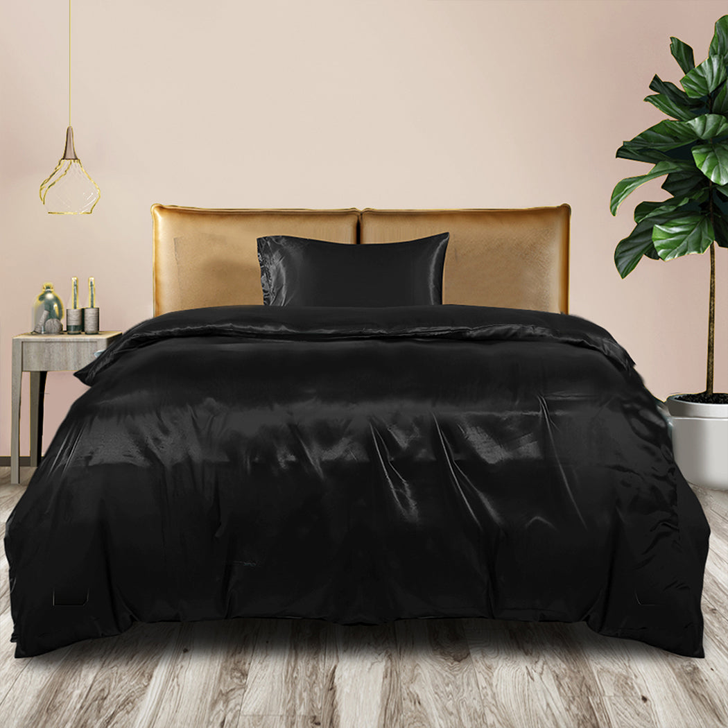 DreamZ Silky Satin Quilt Cover Set Bedspread Black Single-1954802916229517318