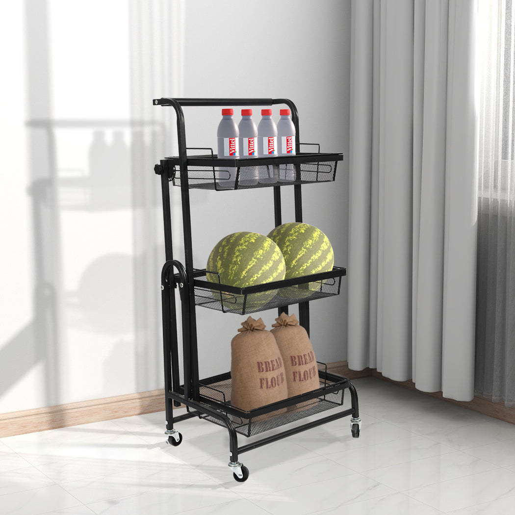 Levede 3 Tier Kitchen Trolley Cart Swivel Black Colour-1954802798449266694