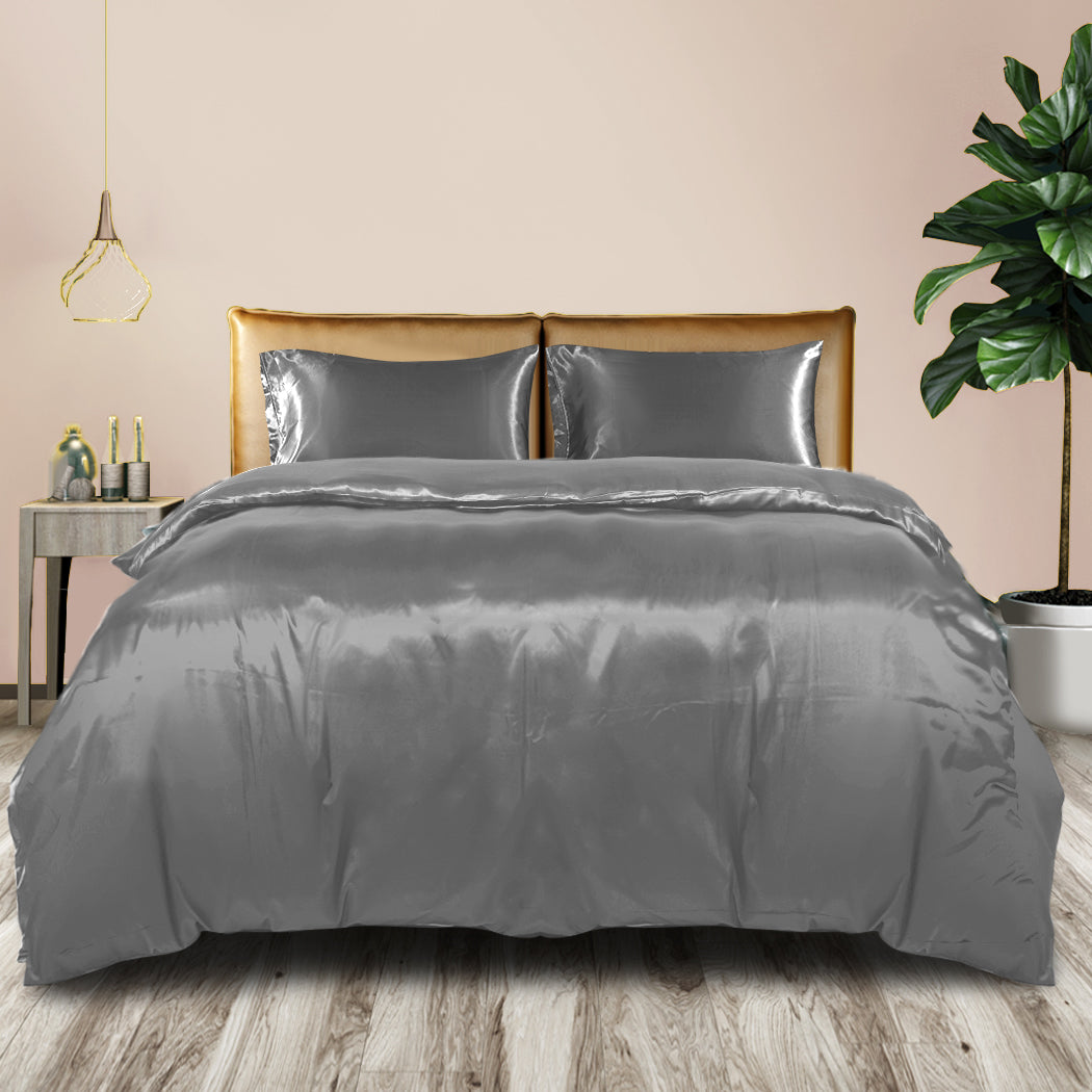 DreamZ Silky Satin Quilt Cover Set Bedspread Dark Grey King-1954802915591983110