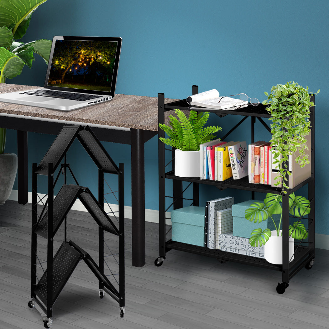 Levede Foldable Storage Shelf Display Black 3 Tiers-1954802664588054534