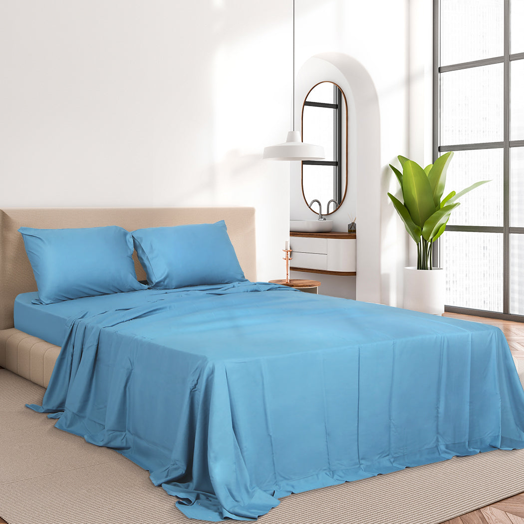 Dreamz 4pcs Queen Size 100% Bamboo Bed Sheet Set in Blue Colour-1954802920327352326