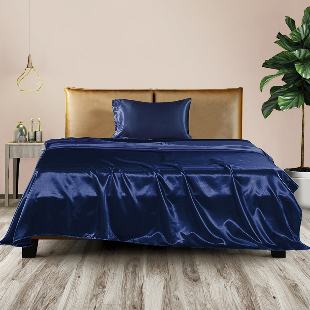DreamZ Silky Satin Sheets Fitted Flat Single Blue-1954802914958643206