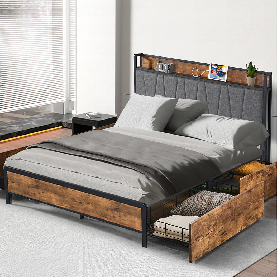 Levede Queen Bed Frame Soft Storage Drawers Headboard USB Charge-1954802934449573894