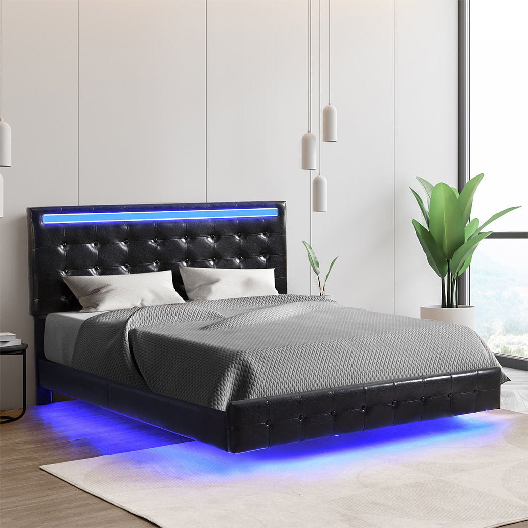 Levede Floating Bed Frame Queen with Headboard LED Lights Mattress Base-1954802377370505222