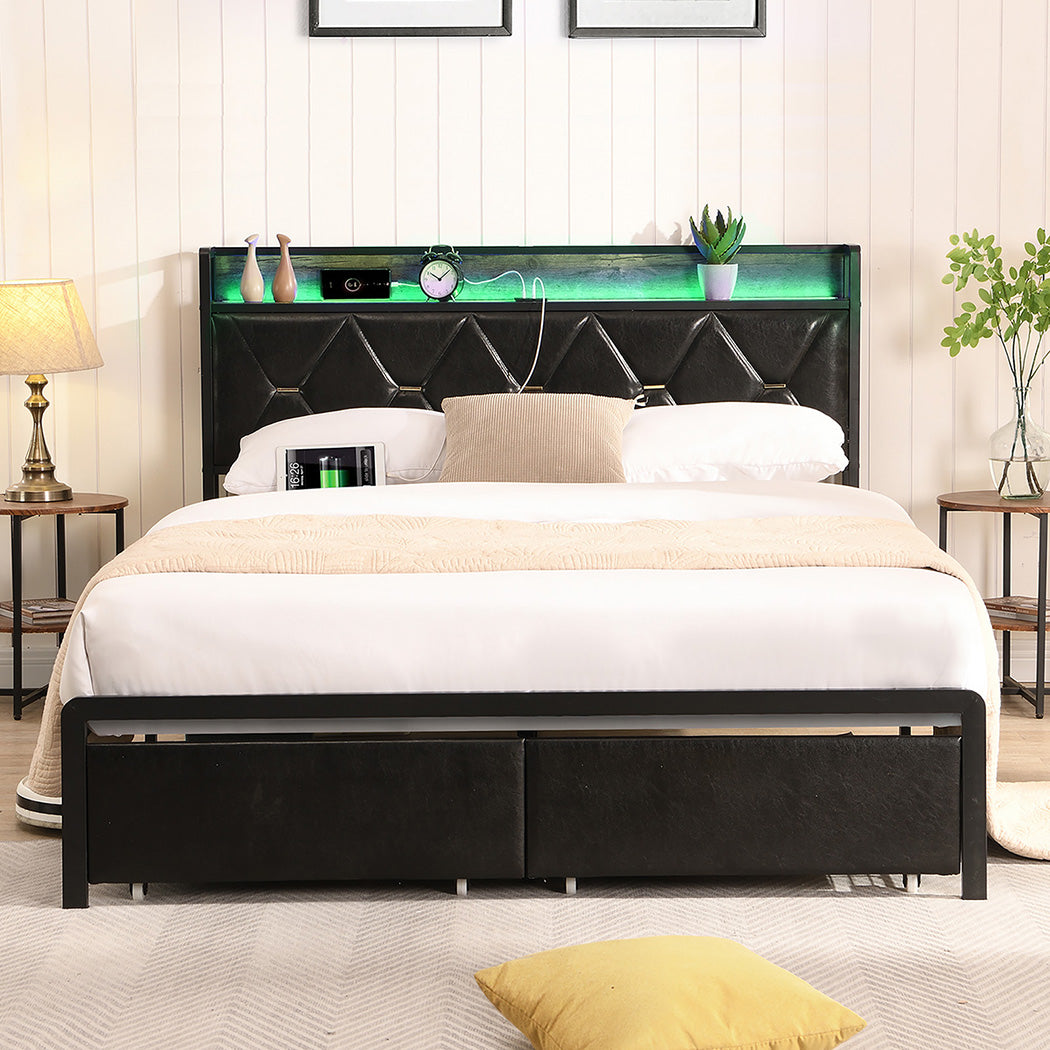 Levede Double Metal Bed Frame LED Lights 2 Drawers-1954802443862806535