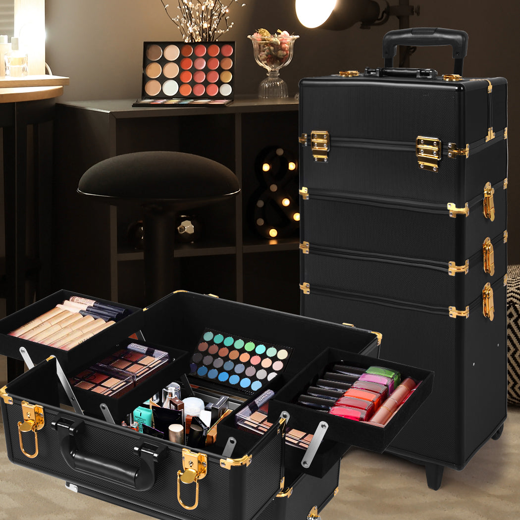 Portable Makeup Case Cosmetic Trolley Black and Golden-1919892938394046471