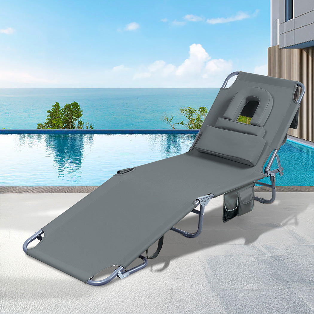 Levede Foldable Beach Lounge Chairs with Face Hole Grey-1954802423352659975