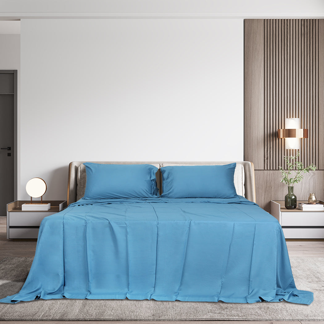 Dreamz 4pcs Queen Size 100% Bamboo Bed Sheet Set in Blue Colour-1954802920327352327