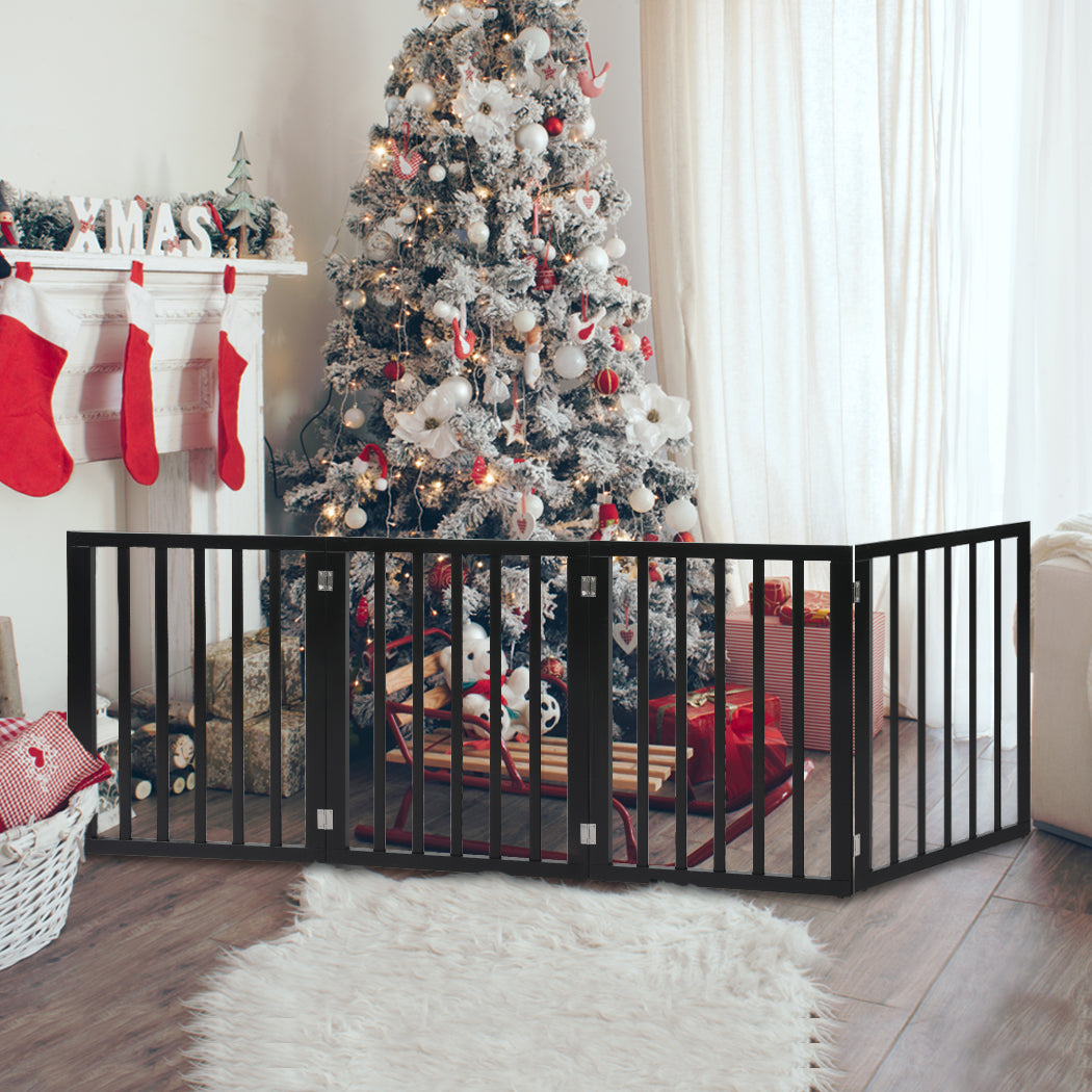 PaWz 4 Panels Wooden Pet Gate Dog Fence Black 600x 3MM-1954802528872960007