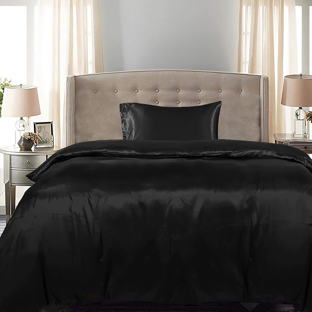 DreamZ Silky Satin Quilt Cover Set Bedspread Black King Single-1910113197789155335