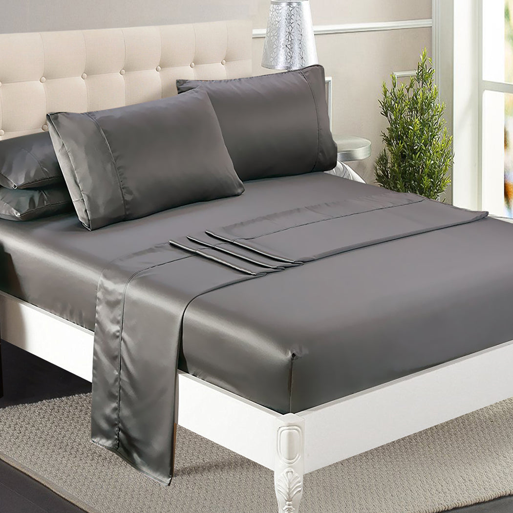 DreamZ Silky Satin Sheets Fitted King Grey Dark Grey-1954802914069450759