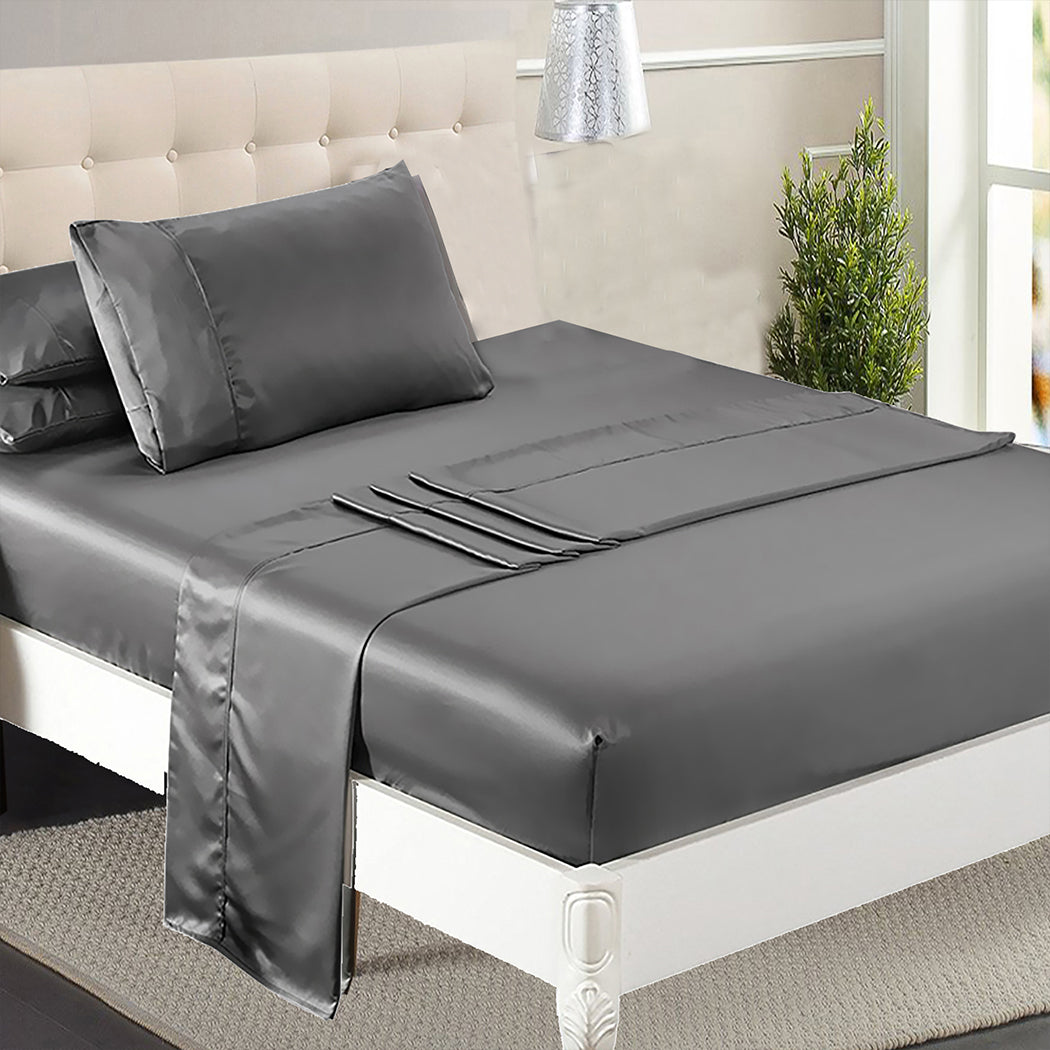 DreamZ Silky Satin Sheets Fitted Flat Single Grey Dark Grey-1954802915172552711
