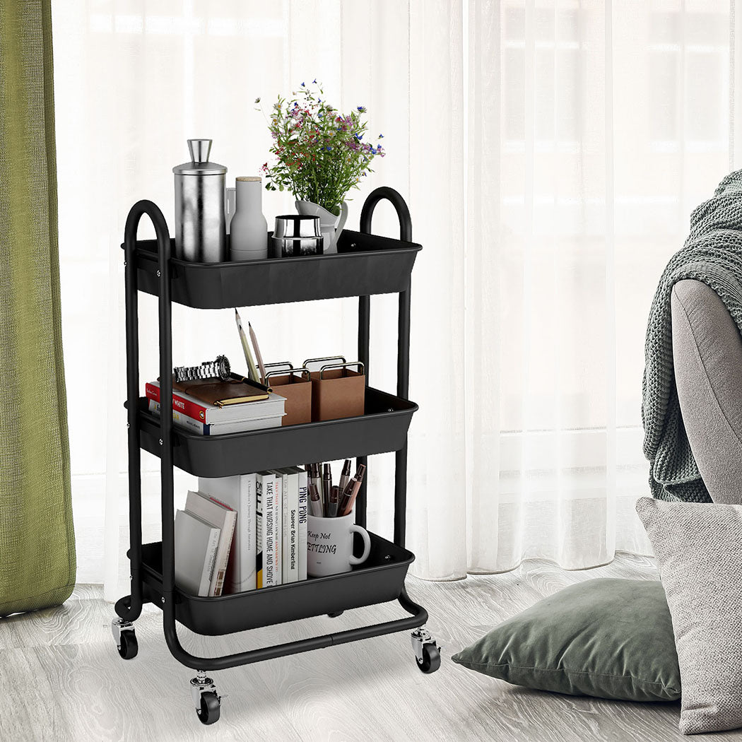 Levede 3 Tiers Kitchen Storage Trolley Black-1954802729629126663