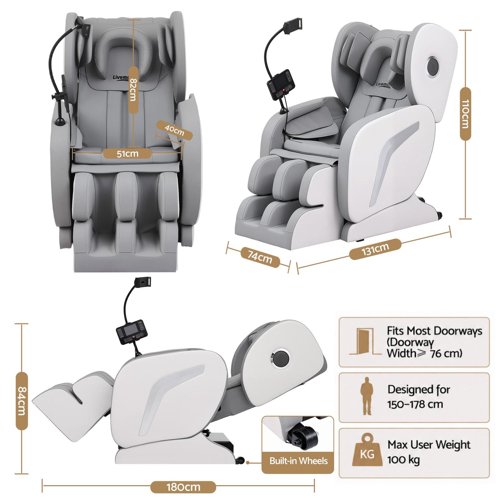 Livemor Full Body Massage Chair VEGA, Foot Roller, Waist & Calf Heat, Recliner, Airbags Compression