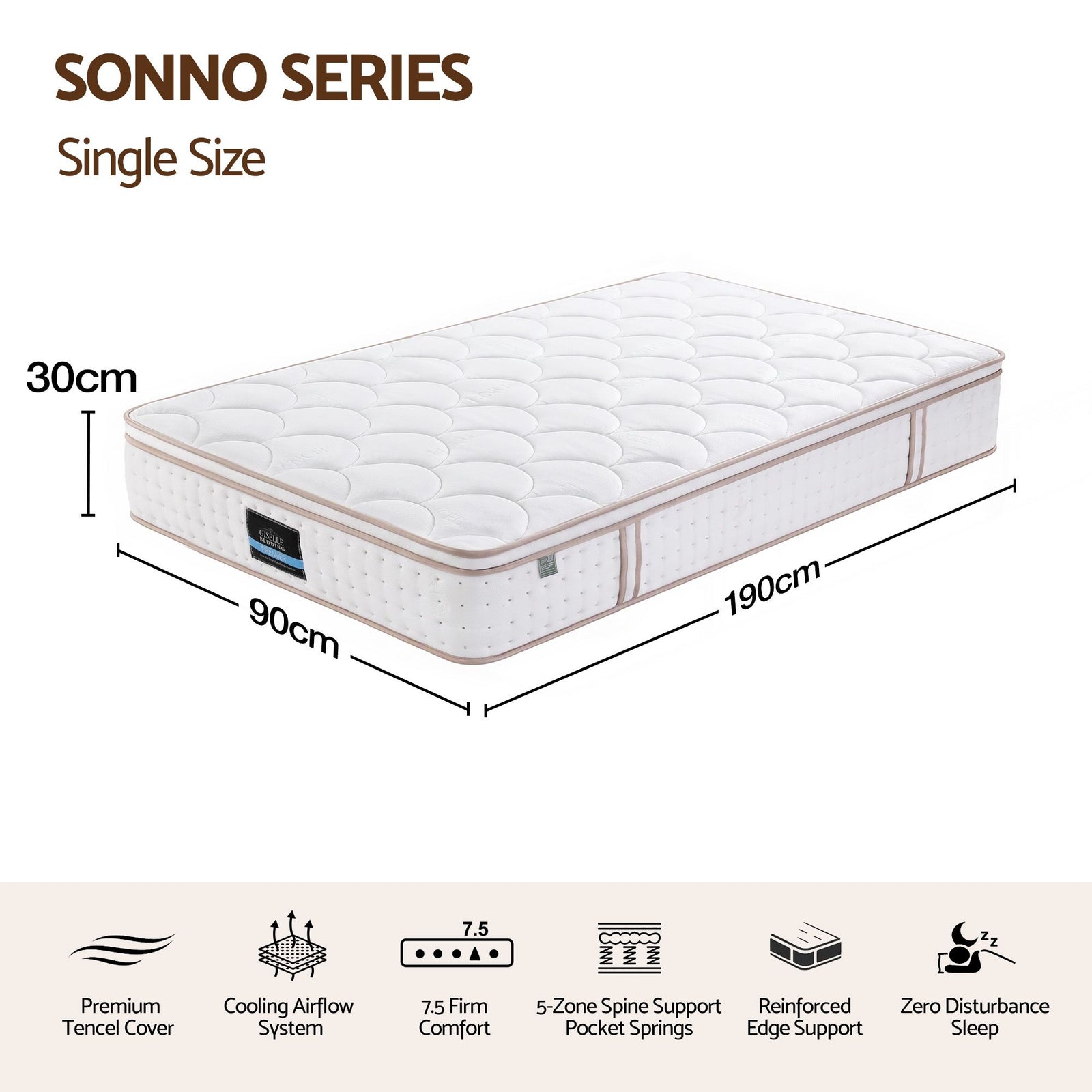 Giselle 30cm Single Spring Mattress Tencel Cover 5-Zone Firm Back Support