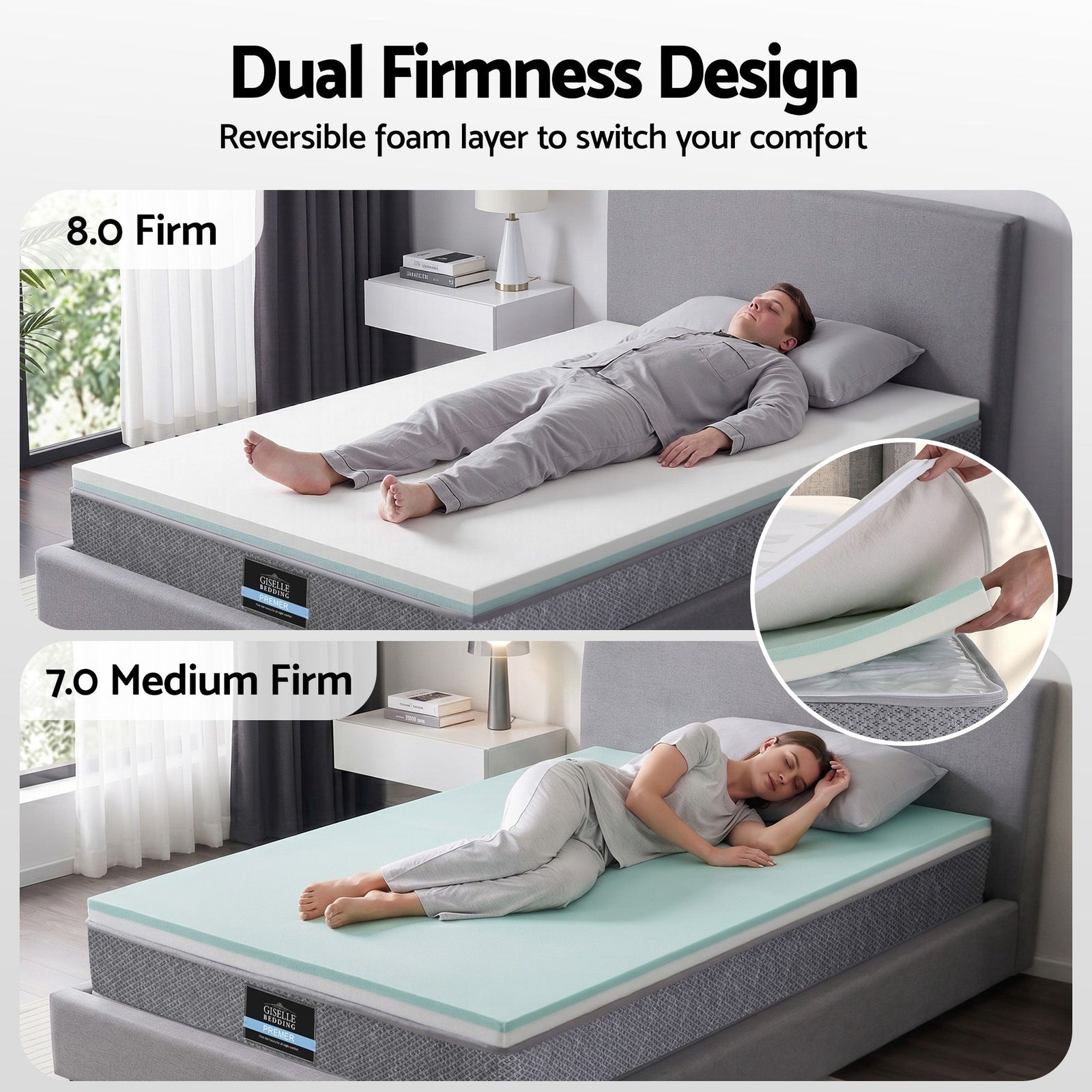 Giselle Bedding Single Mattress 23cm Pocket Spring Mattress with Adjustable Firmness Reversible Foam Layer for Medium Firm & Firm Support Motion Isolation Bedroom Bed