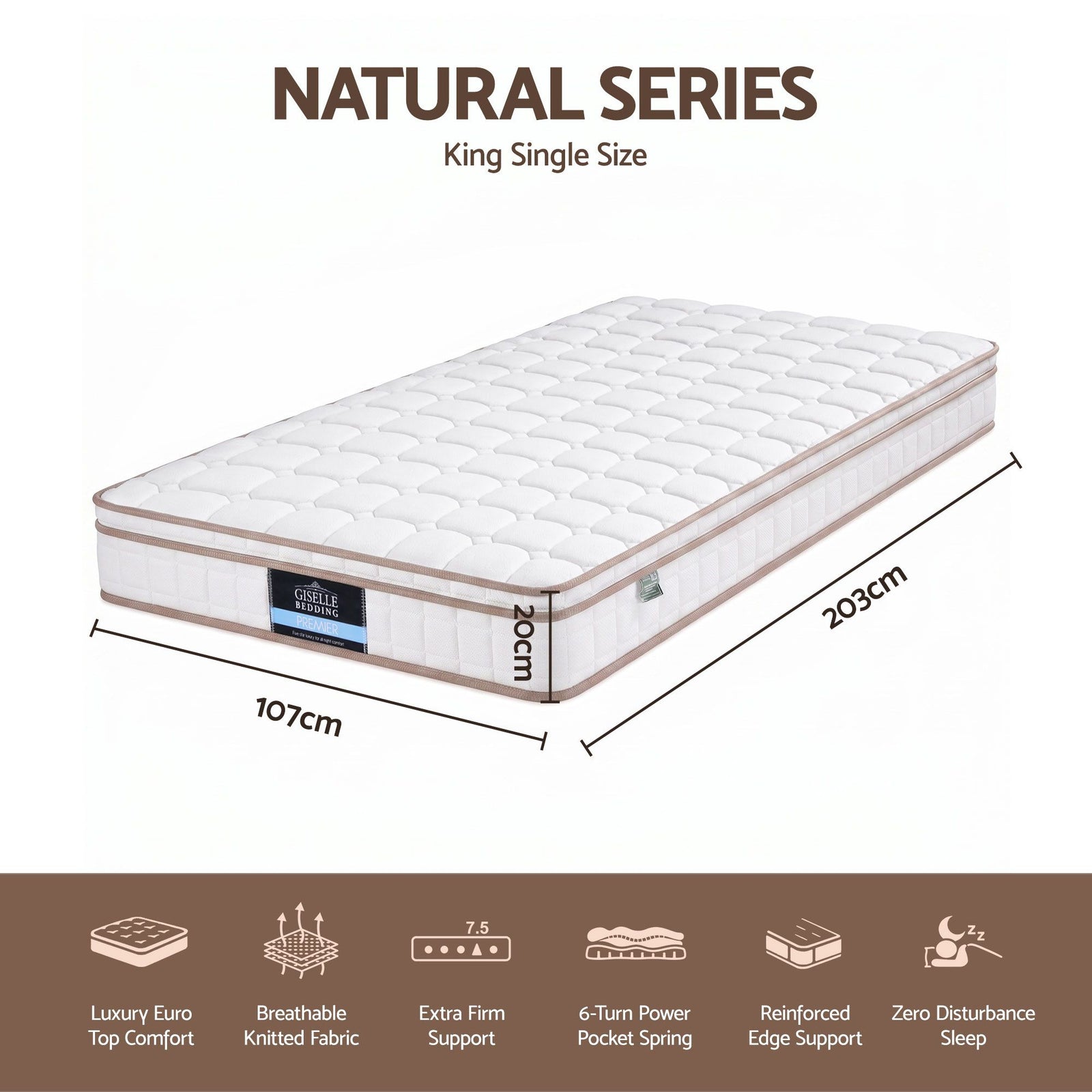 Giselle 20cm Firm King Single Mattress Pocket Spring for Bedroom or Guest Room