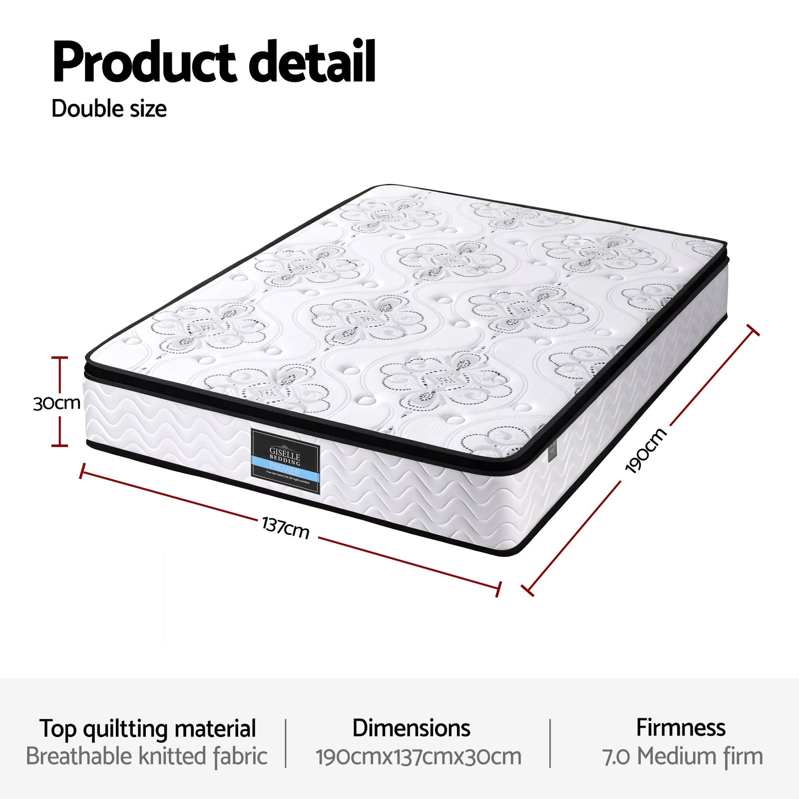 Giselle Bedding 30cm Mattress Pocket Spring Medium Firm Foam Euro Top Double