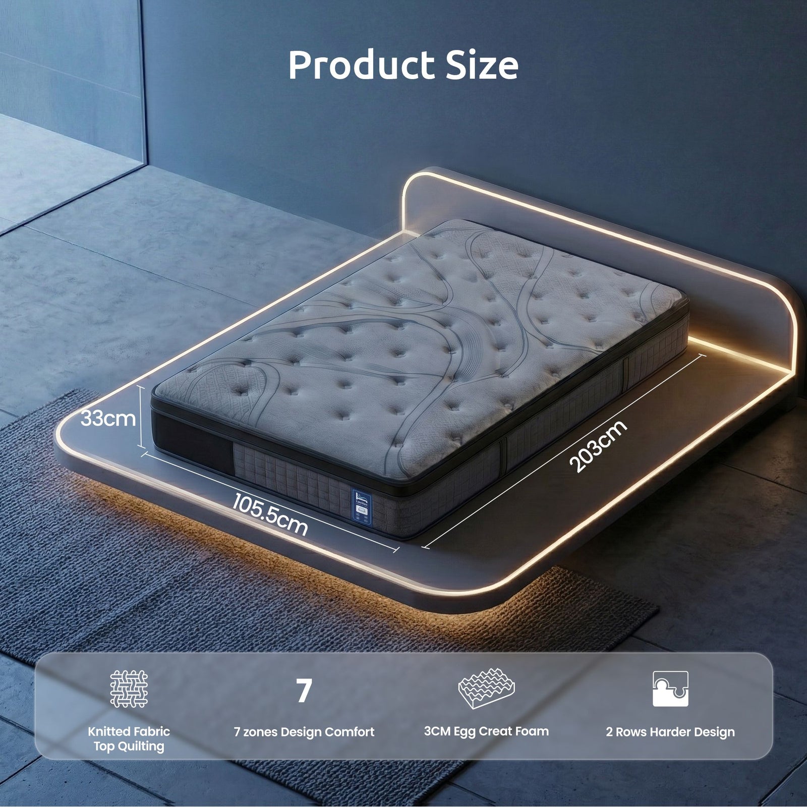 Levitex 33 cm Mattress 8.0 Extra Firm 7-Zone Pocket Spring Mattress with Dual-Row Edge Support & Breathable Knit Cover King Single