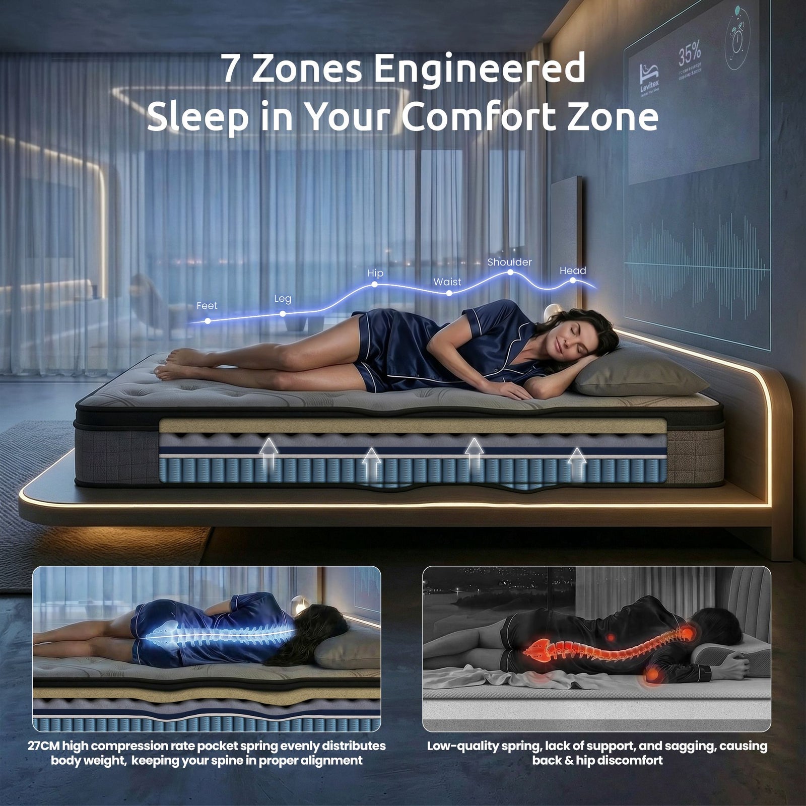 Levitex 33 cm Mattress 8.0 Extra Firm 7-Zone Pocket Spring Mattress with Dual-Row Edge Support & Breathable Knit Cover King Single