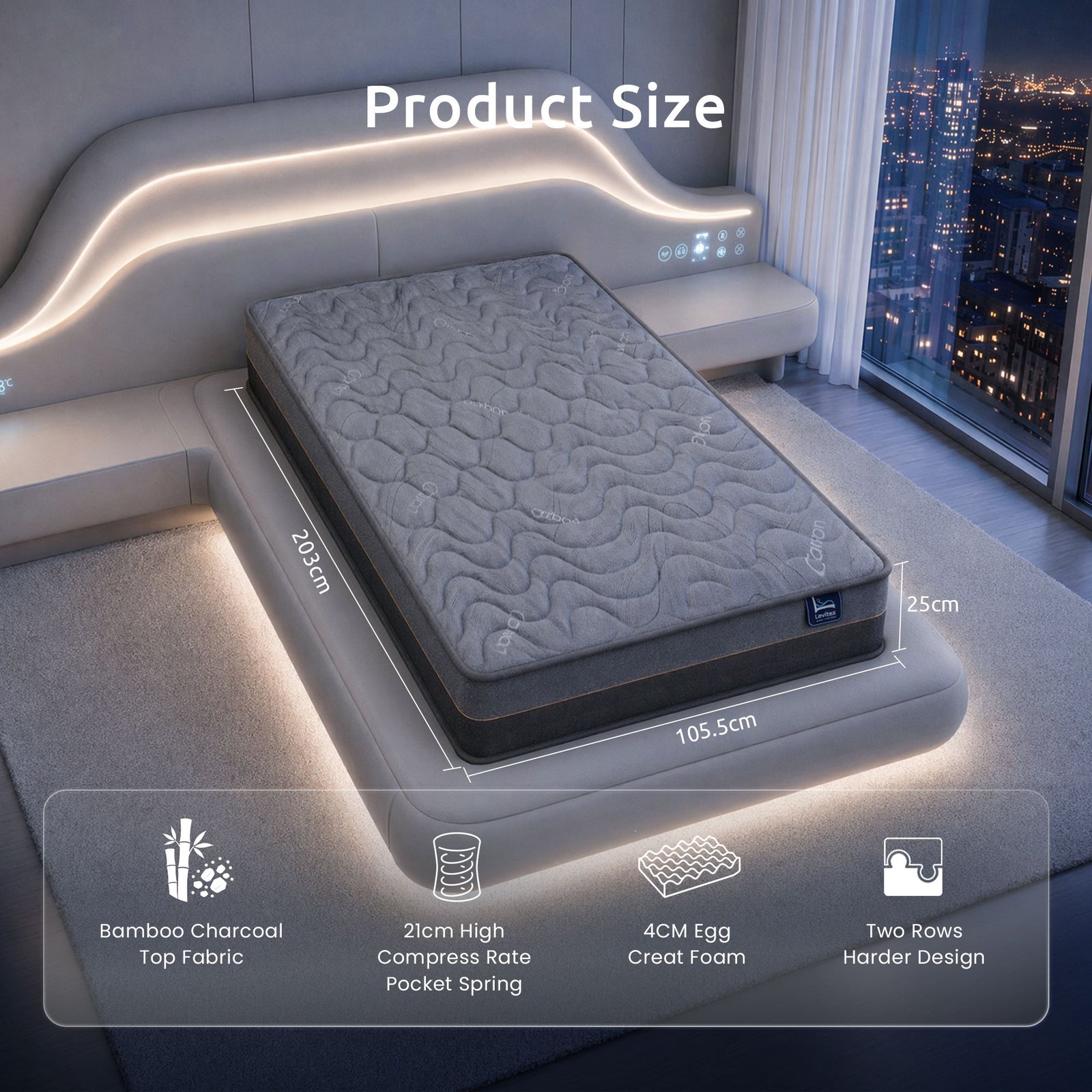 Levitex 25 cm Hybrid Pocket Spring Mattress Firm with 4cm Egg Crate Foam for Deep Sleep Bamboo Charcoal Fabric King Single