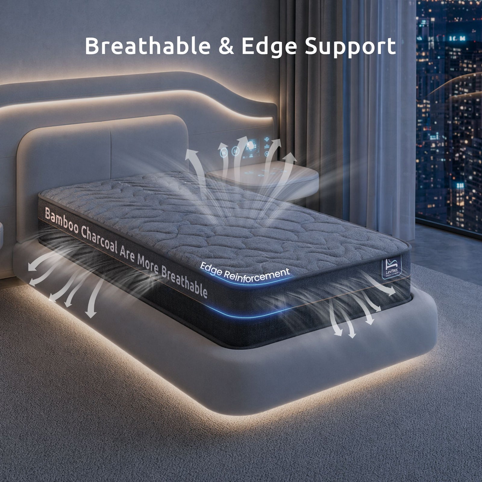 Levitex 25 cm Hybrid Pocket Spring Mattress Firm with 4cm Egg Crate Foam for Deep Sleep Bamboo Charcoal Fabric King Single