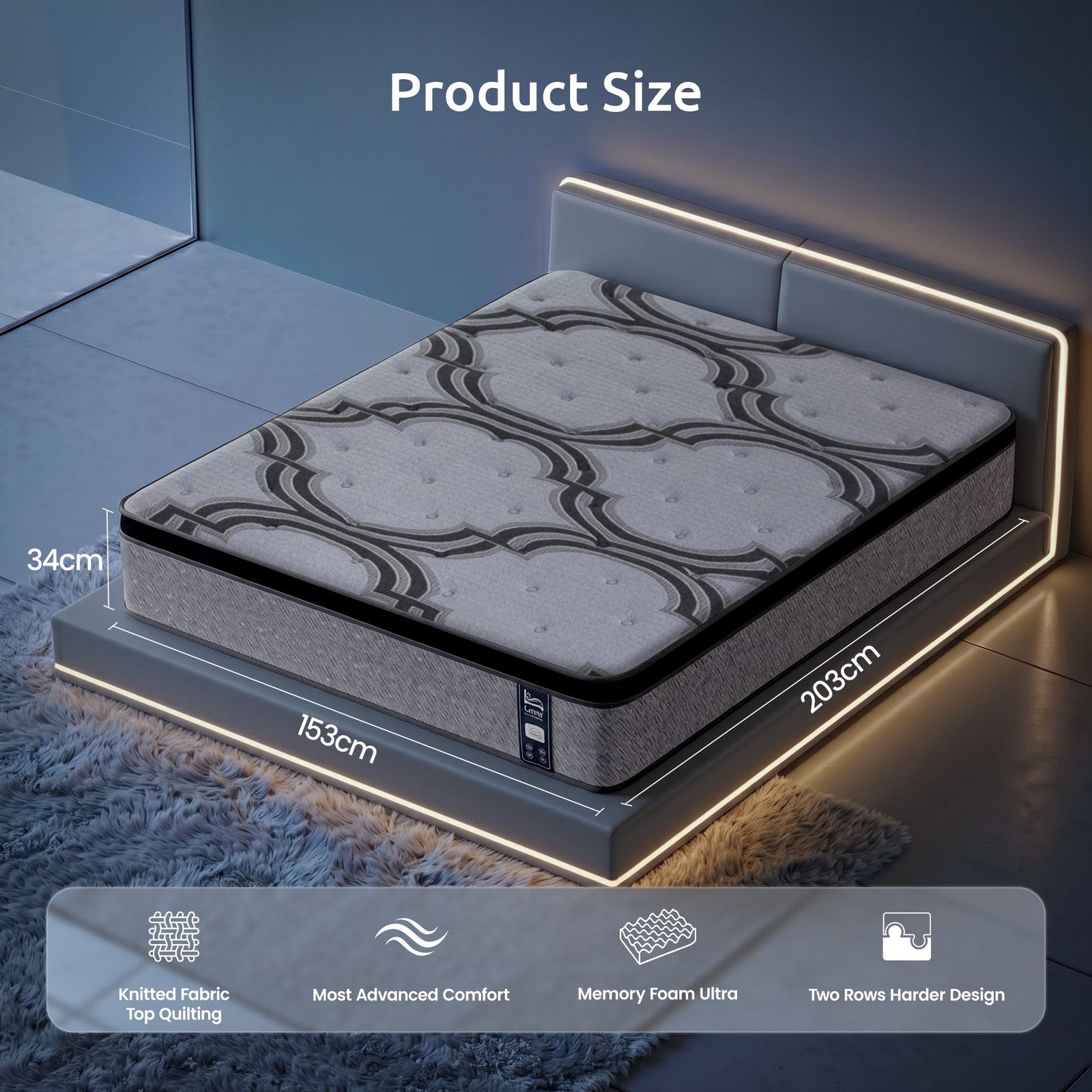 Levitex 5-Zone Pocket Spring Mattress with Latex & Memory Foam 7.5 Firm Hybrid Mattress for Extra Lumbar & Shoulder Support 34 cm Thickness Queen