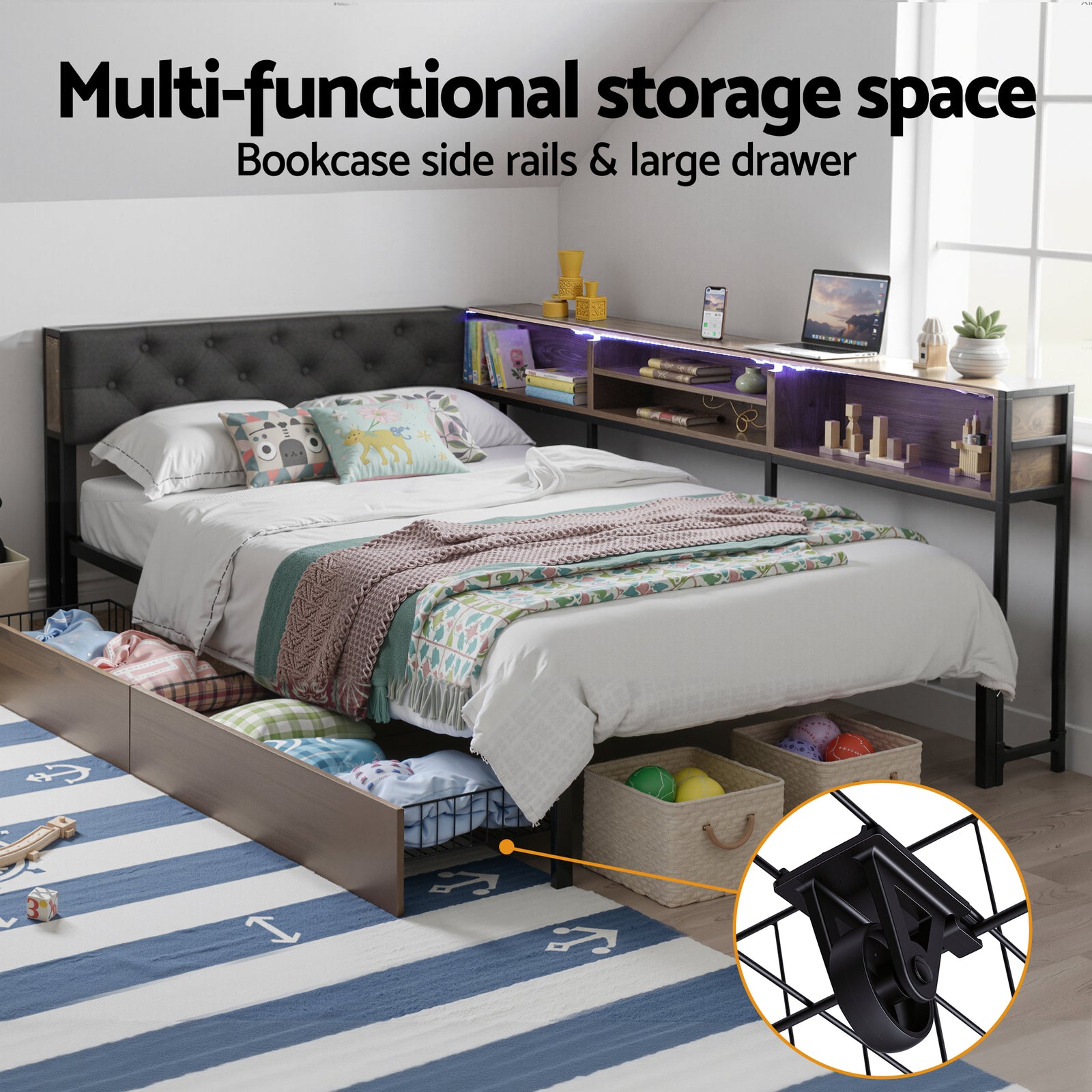 Artiss Bed Frame King Single Size with 2 Drawers and Charging Station Metal Corner Bed Base