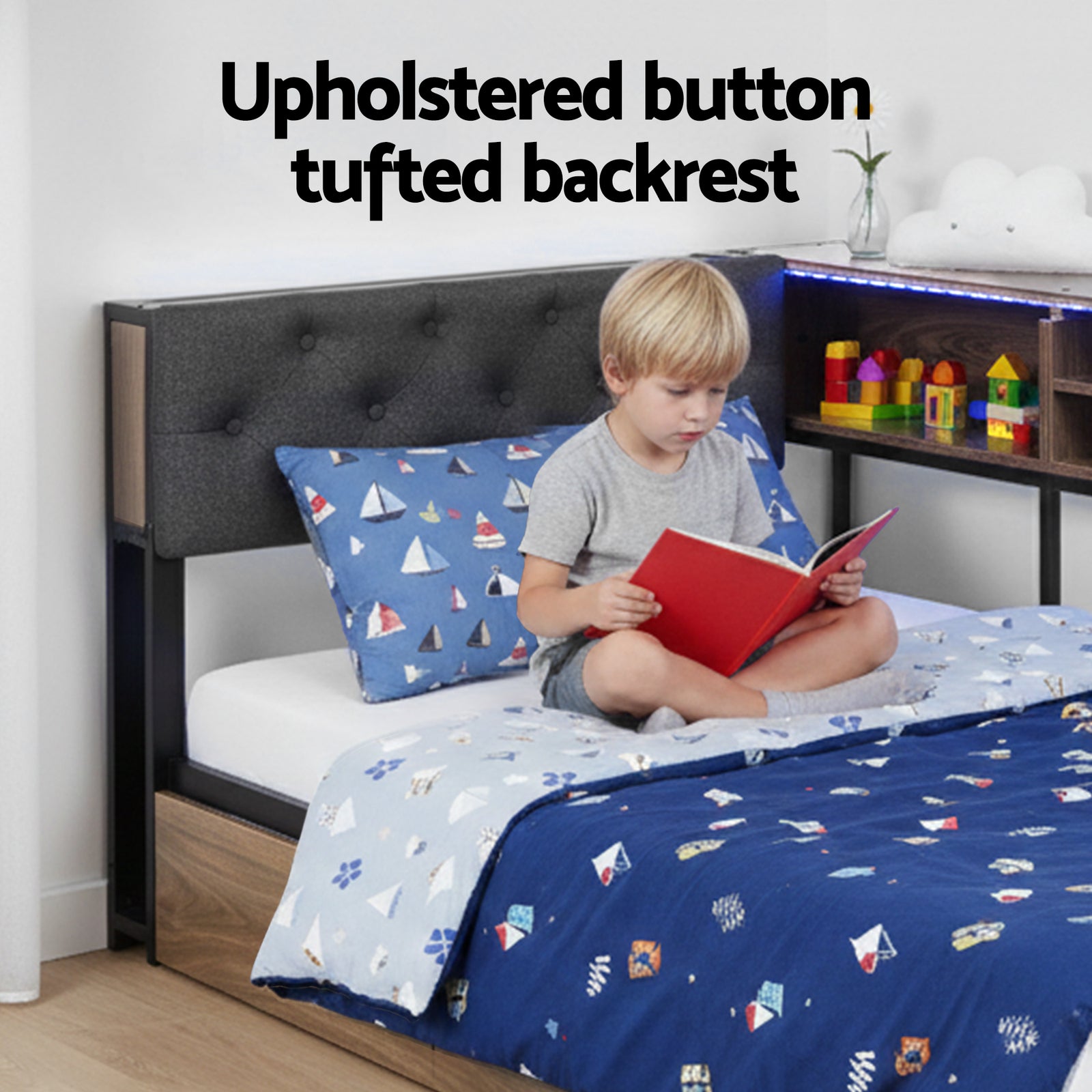 Artiss Bed Frame Single Size with 2 Drawers and Charging Station Metal Corner Bed Base