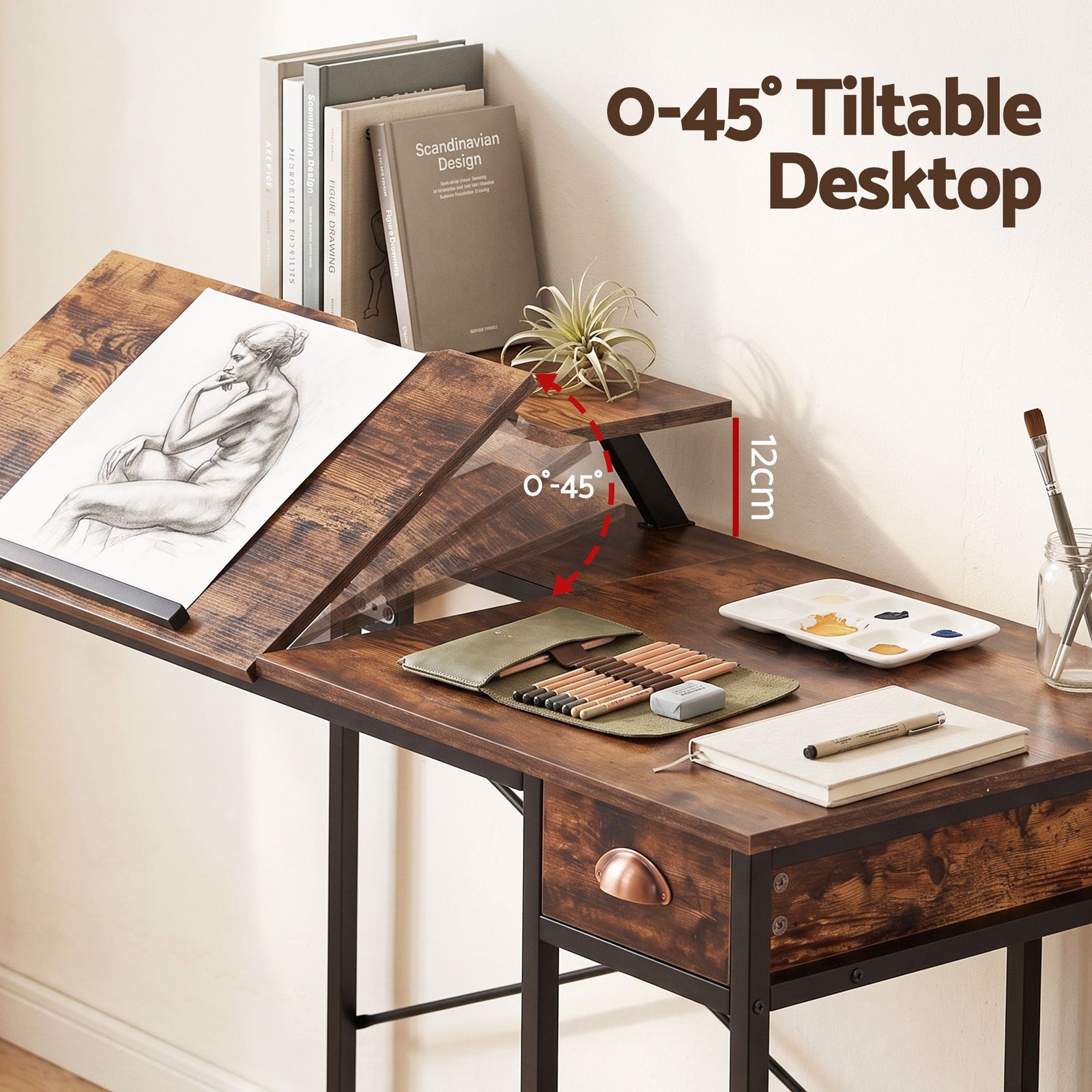 Artiss Computer Desk Drafting Drawing Table Tiltable Top Rustic Brown 108cm
