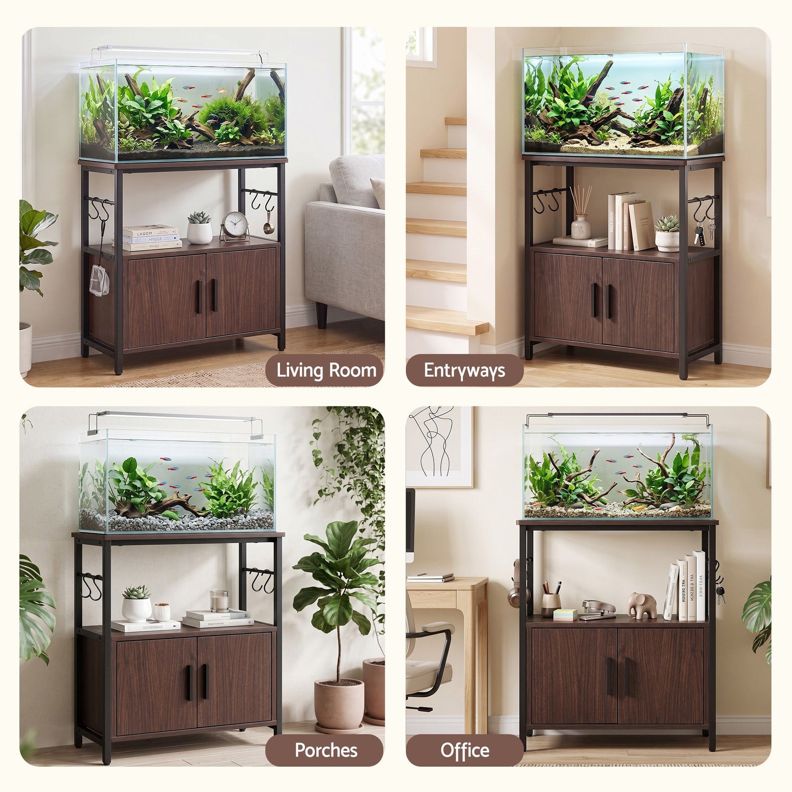 Artiss 20 Gallon Fish Tank Stand 3-Tier Aquarium Stand with Storage Cabinet and Open Shelf Walnut