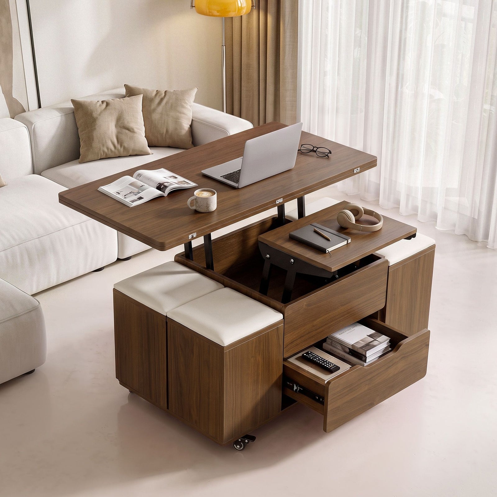 Fittro 3-in-1 Lift Top Coffee Table with 4 Chairs, Dining Table Work Desk Built-in Storage, Hydraulic Swivel, Lockable Castors, Space-Saving for Living Rooms & Flats, Apartments