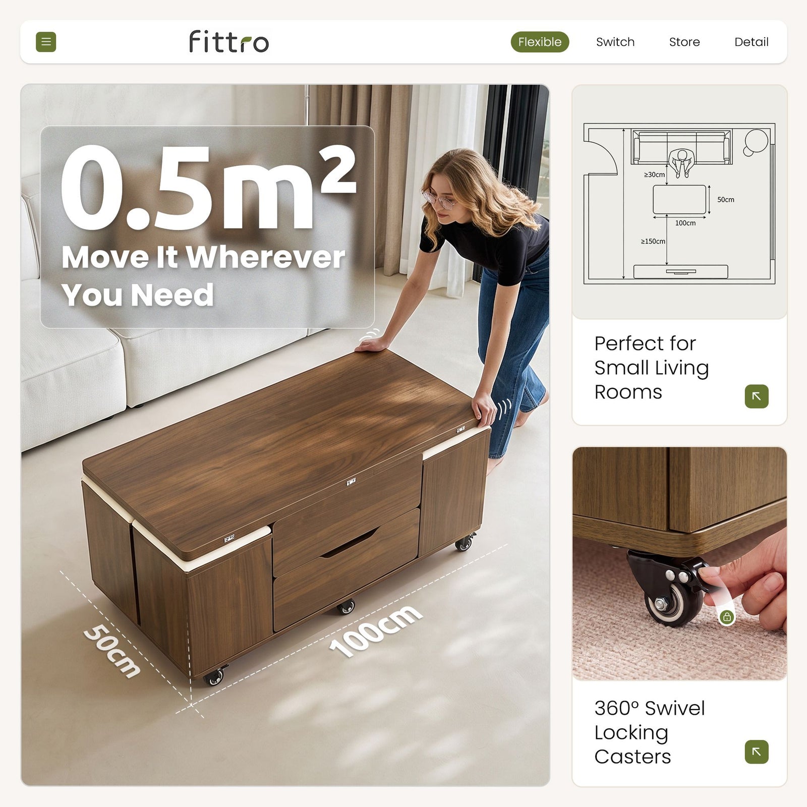 Fittro 3-in-1 Lift Top Coffee Table with 4 Chairs, Dining Table Work Desk Built-in Storage, Hydraulic Swivel, Lockable Castors, Space-Saving for Living Rooms & Flats, Apartments