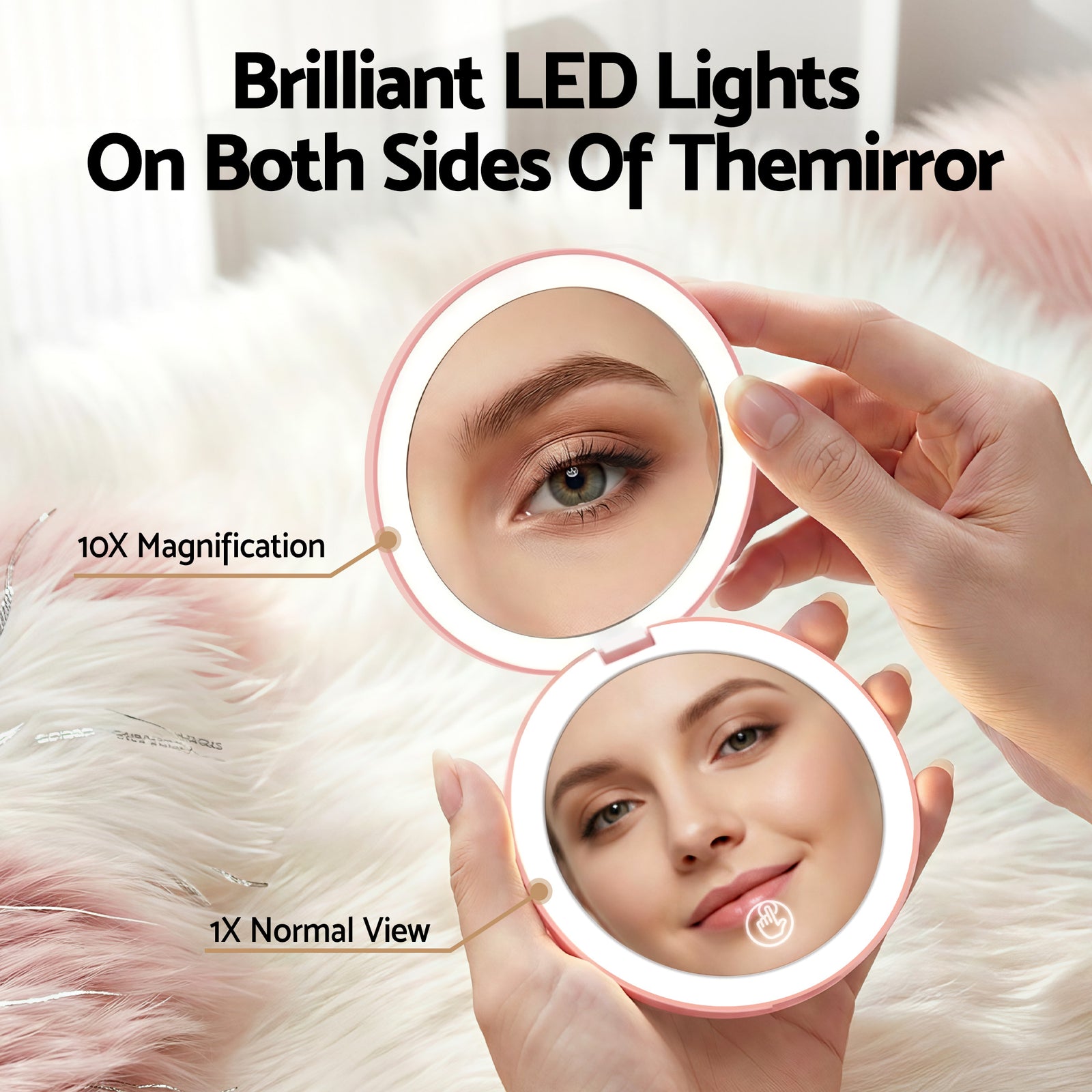 Embellir LED Compact Mirror Lighted Travel Makeup Mirror Pocket-Sized 1x 10x Magnification Round Pink