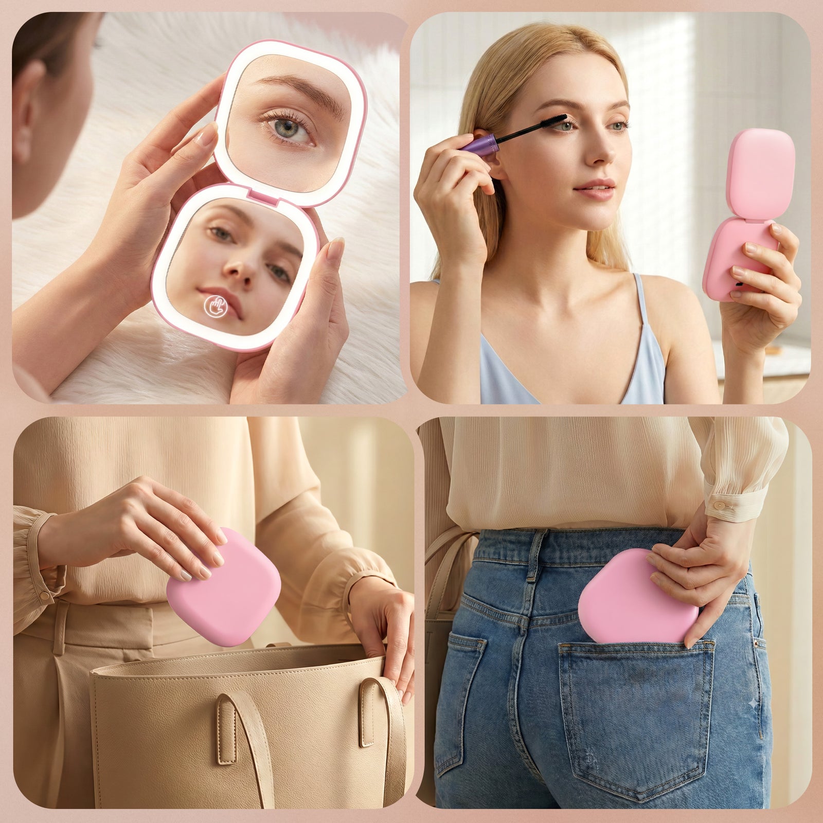 Embellir LED Compact Mirror Lighted Travel Makeup Mirror Pocket-Sized 1x 10x Magnification Square Pink