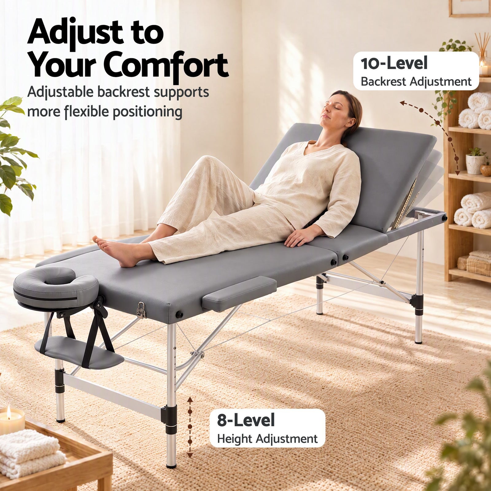 Zenses 3-Fold Portable Massage Table 80cm Adjustable Backrest & Height, Aluminium Beauty Bed Grey